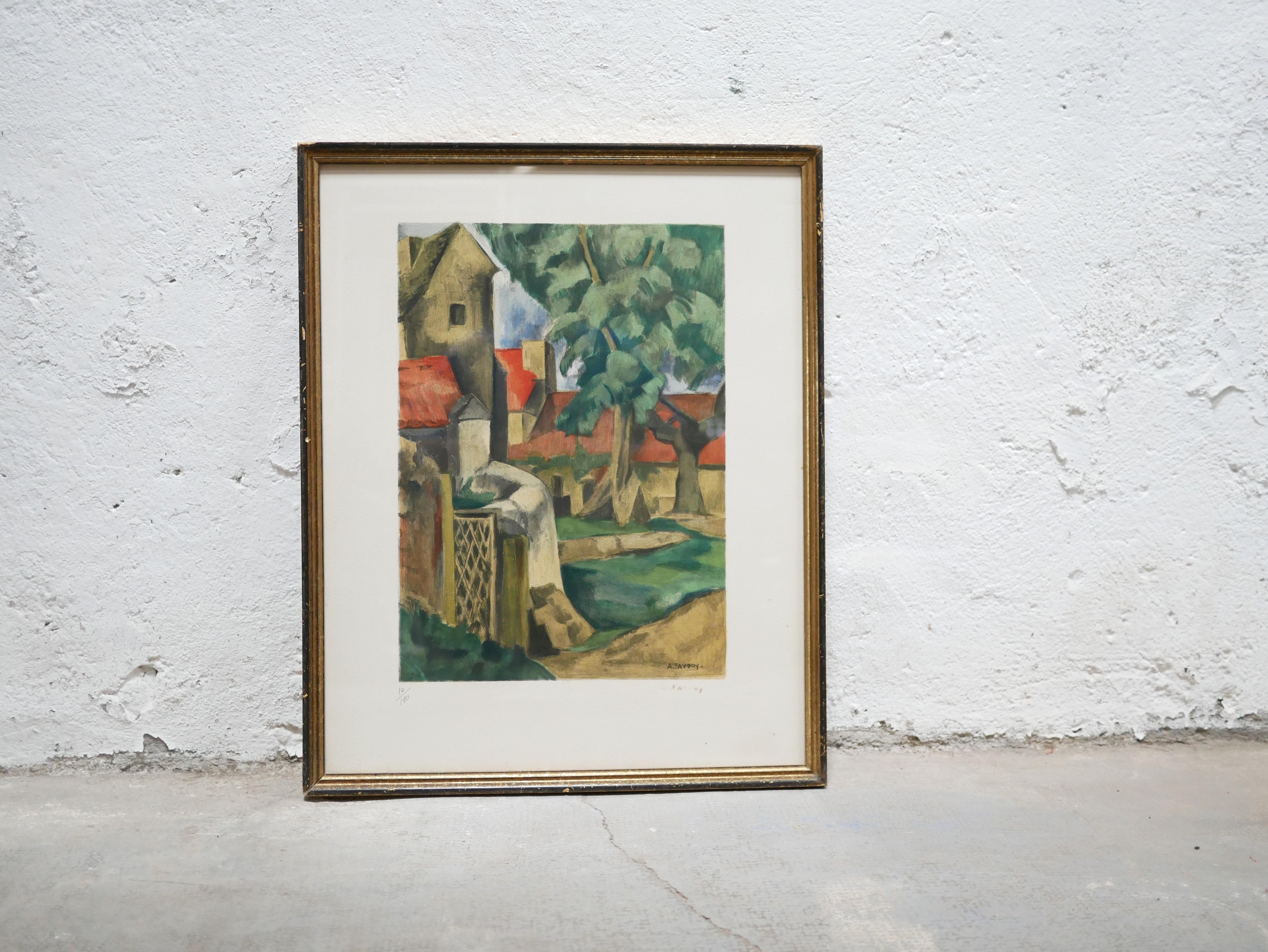 French Old lithograph signed André Favory For Sale