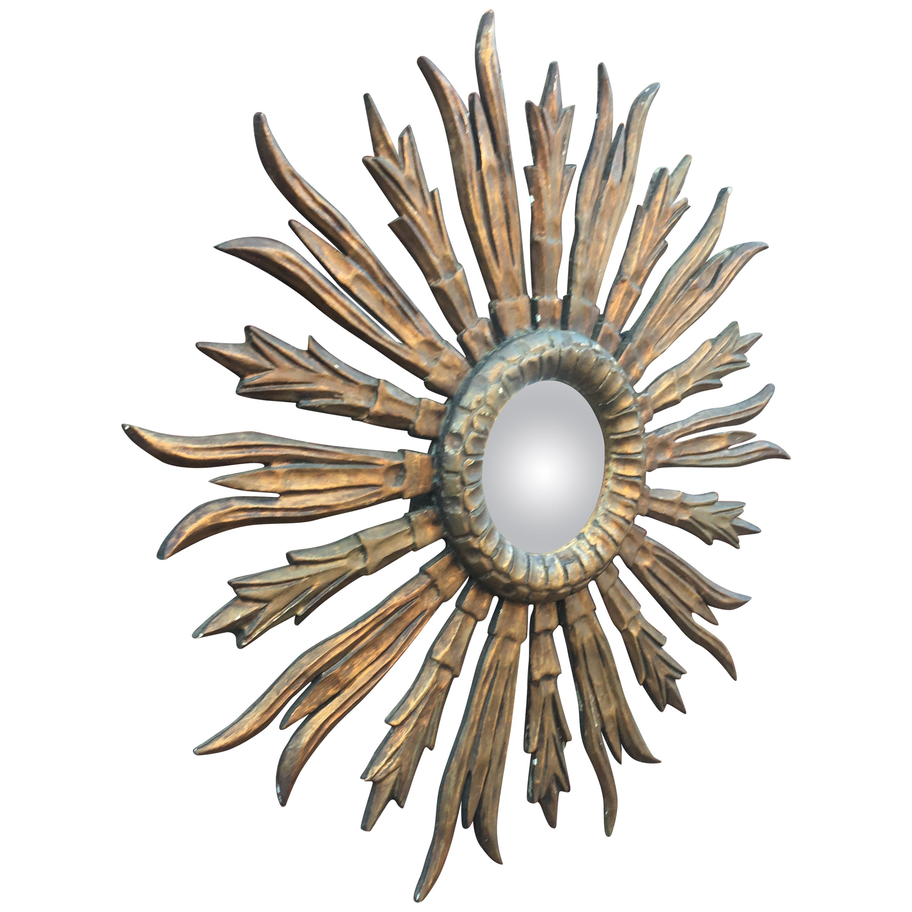 Old Louis XIV Style Giltwood Sun Burst with Convex Mirror, circa 1900-1930 For Sale