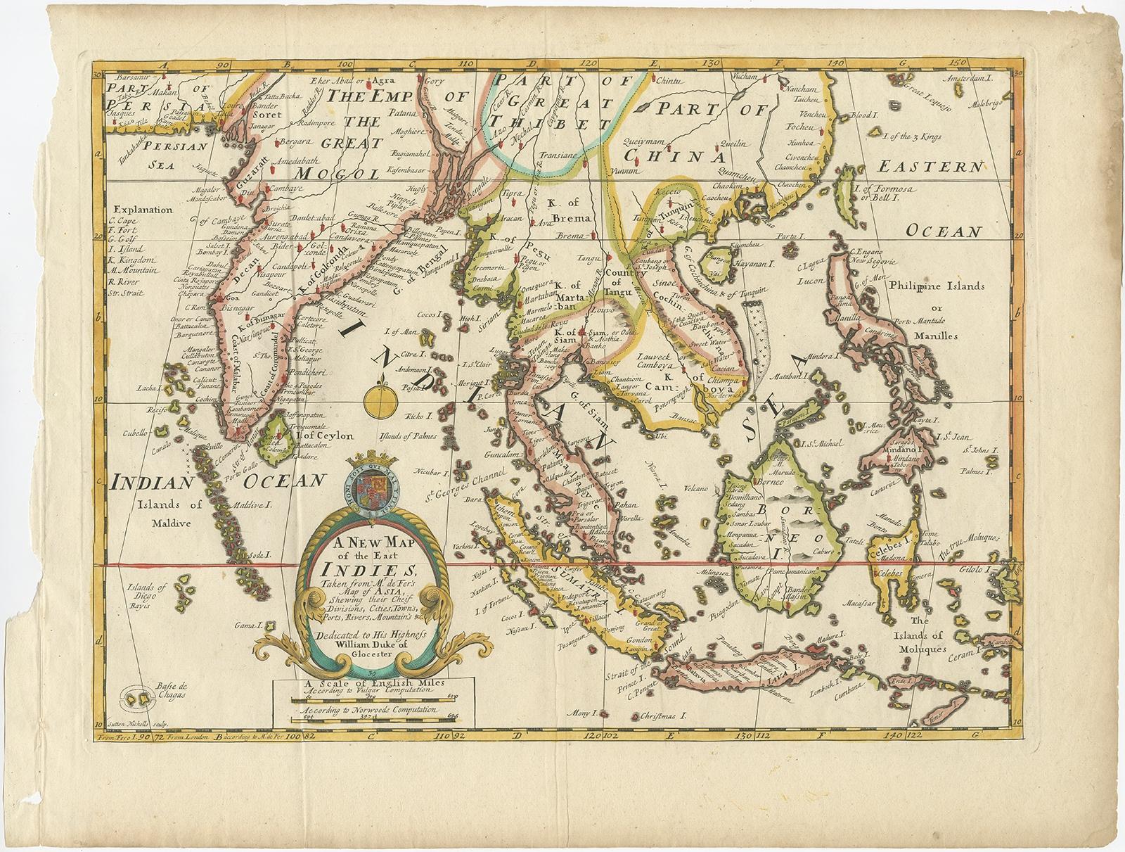 Description: Antique map titled 'A New Map of the East Indies'. Old map covering all of Southeast Asia from Persia to the Timor Island, inclusive of the modern day nations of India, Ceylon, Thailand, Burma (Myanmar), Malaysia, Cambodia, Vietnam,