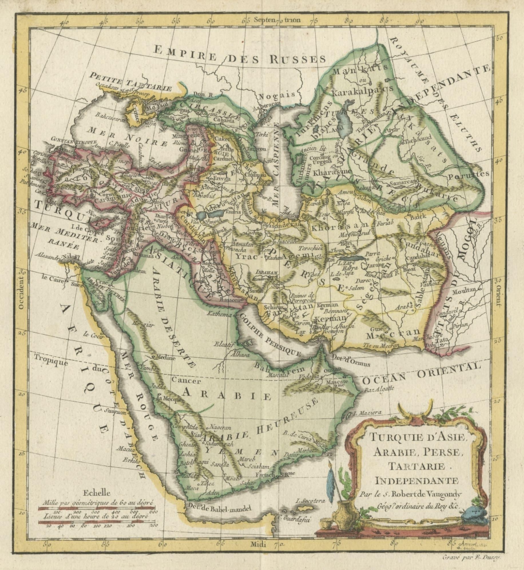Antique map titled 'Turquie d'Asie, Arabie, Perse, Tartarie Independante'.

 Old map of Turkey in Asia. The map shows all of Turkey and the Black Sea, and extends east to include the Caspian Sea and the region of today's Afghanistan, Pakistan, and