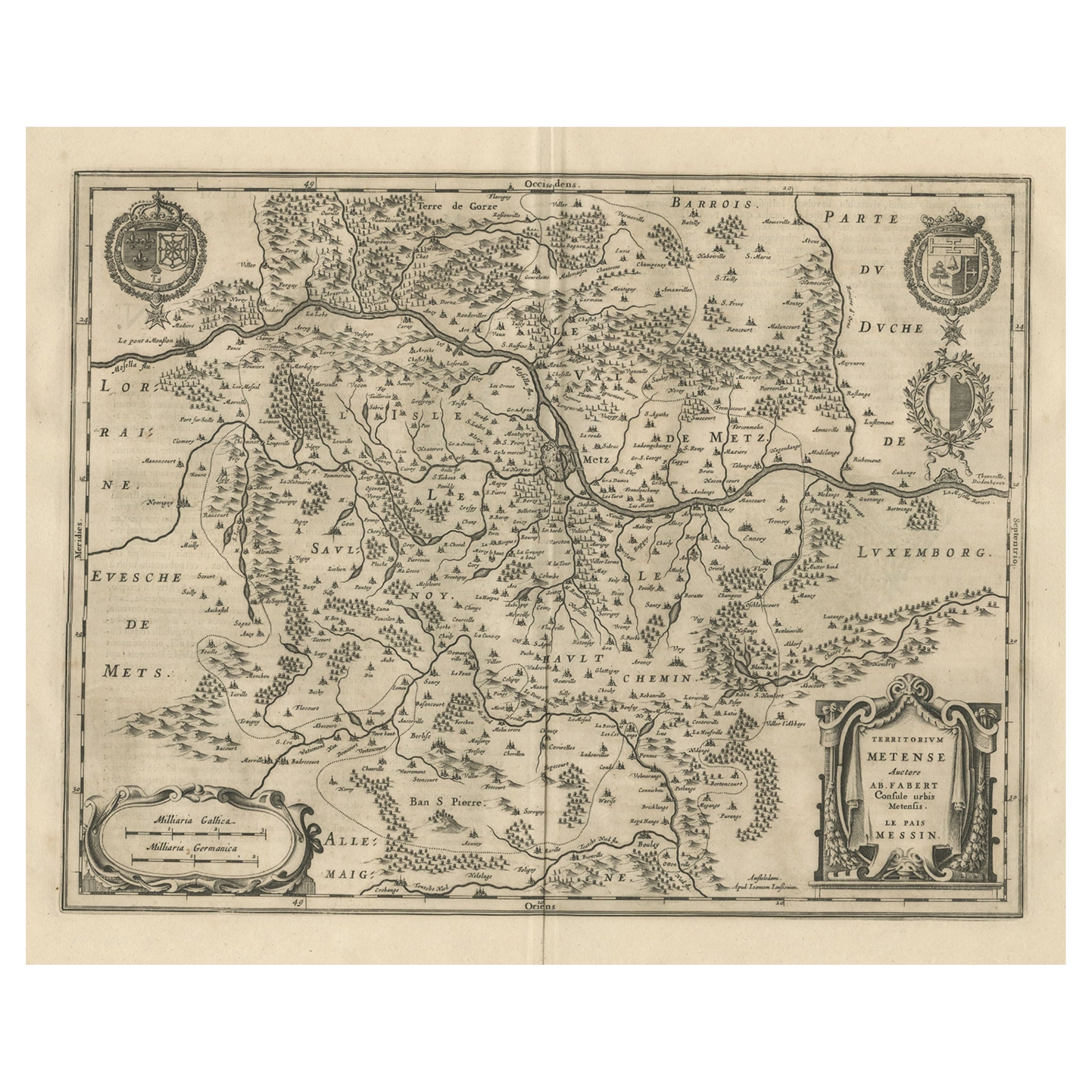 Carta geografica antica incentrata sulla regione vinicola di Metz, nella regione della Mosella in Francia, 1657