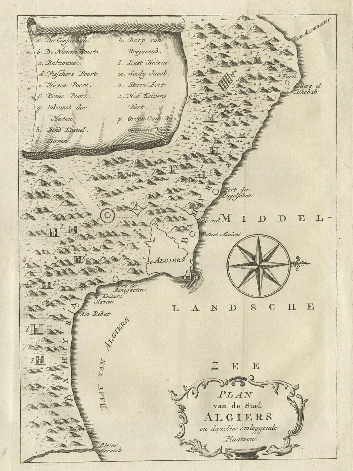 Old Map of Algiers, with Surrounding Cities and the Bay of Algiers, 1773