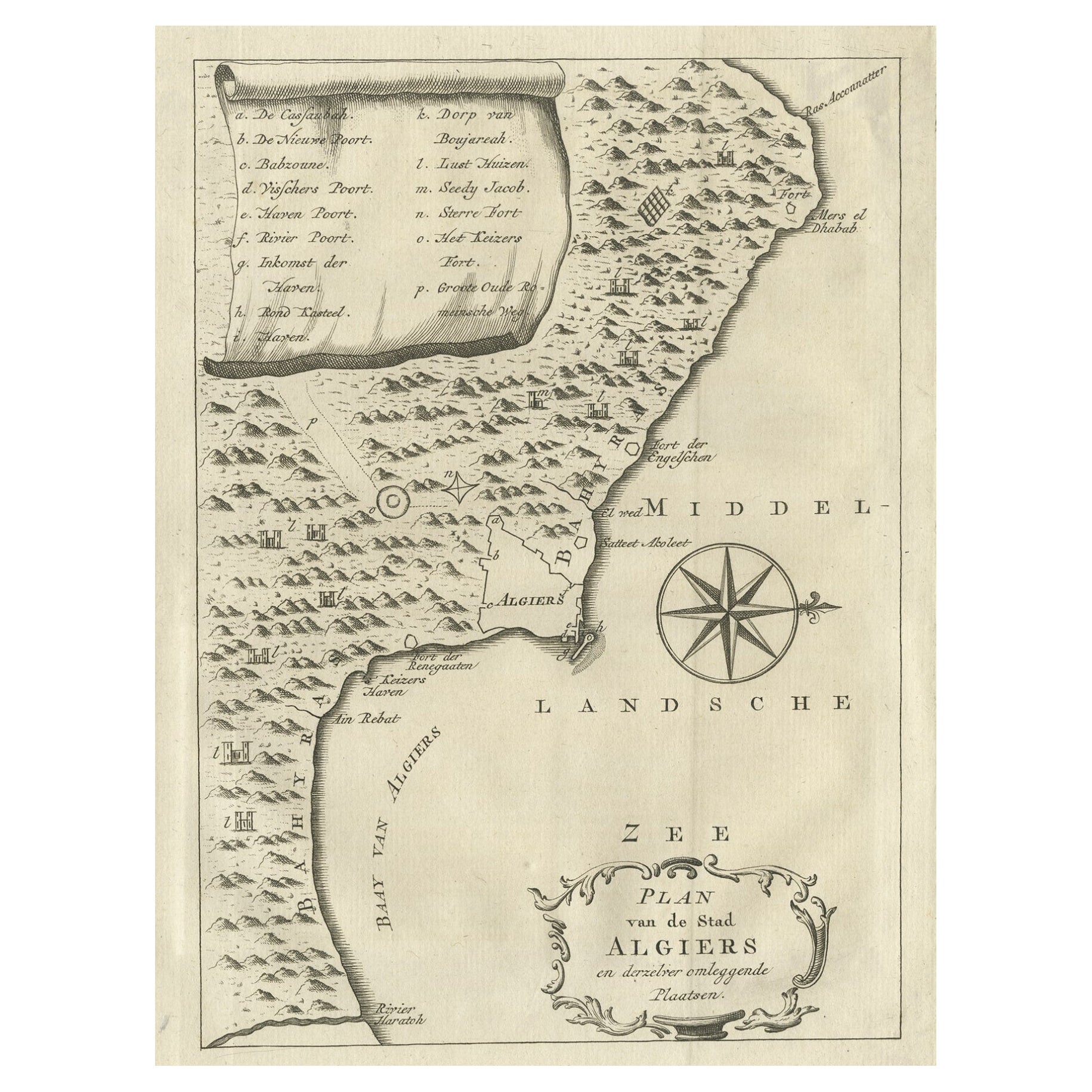 Carte ancienne d'Alger, avec les villes qui l'entourent et la baie d'Alger, 1773