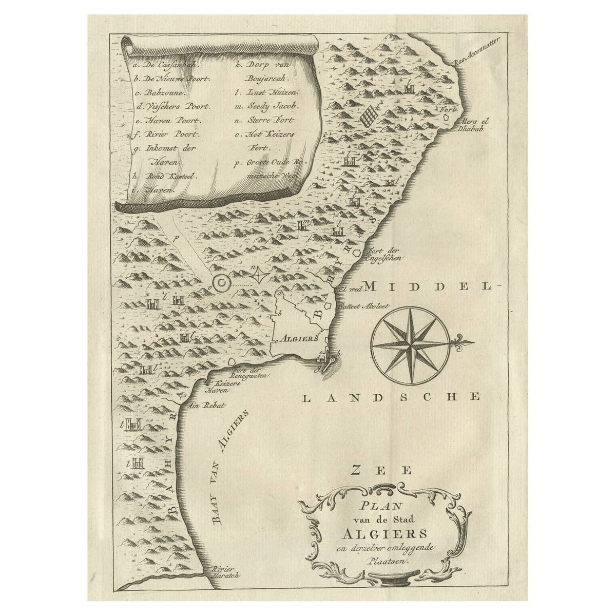 Old Map of Algiers, with Surrounding Cities and the Bay of Algiers, 1773