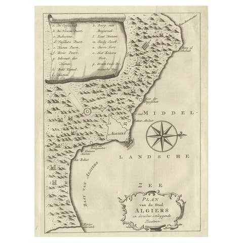 Old Map of Algiers, with Surrounding Cities and the Bay of Algiers, 1773