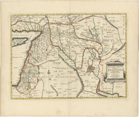 Old Map of Ancient Assyria Divided into Syria, Mesopotamia, Babylonia & Assyria