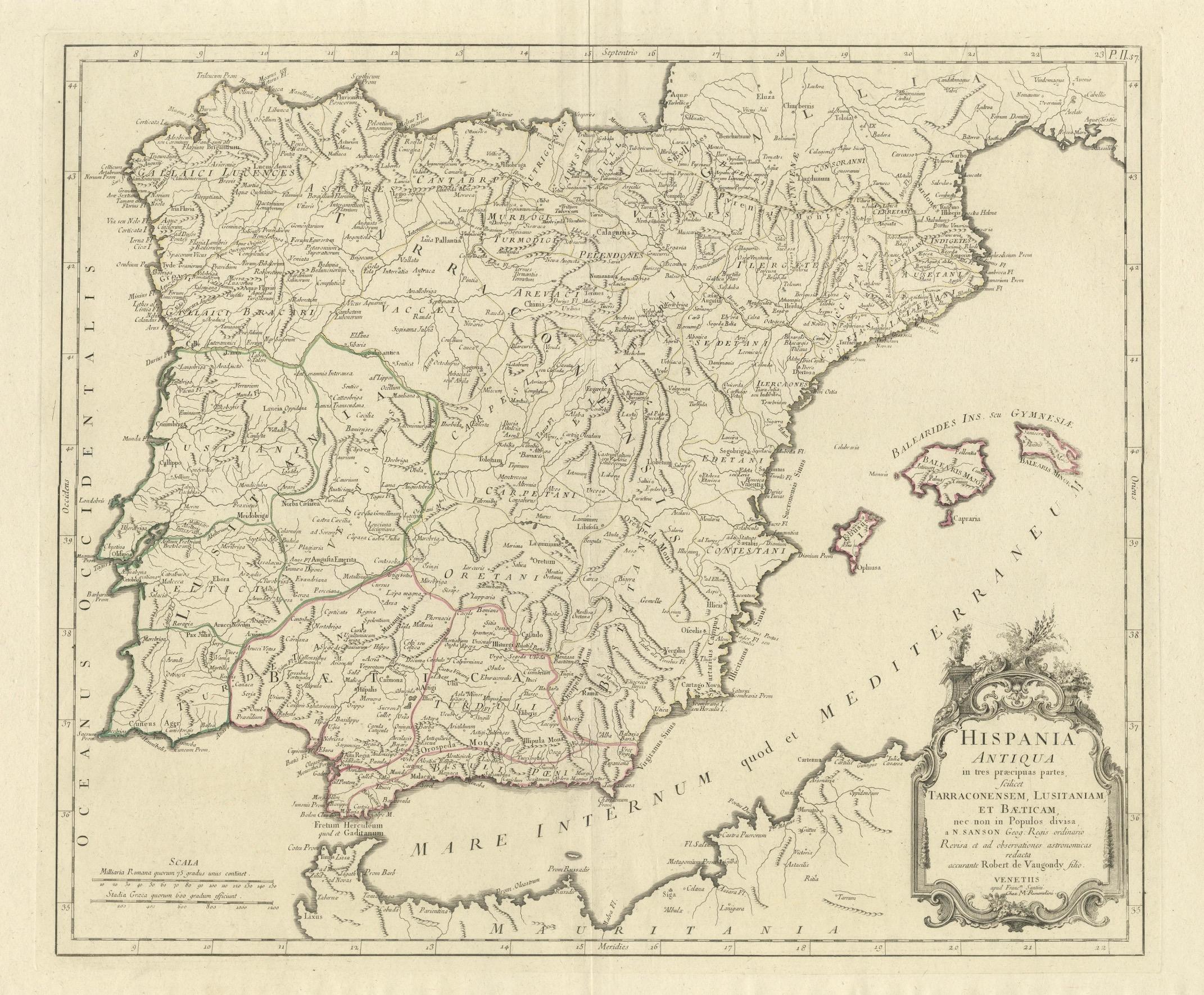 Old Map of Ancient Spain and Portugal – Hispania Antiqua Featuring Roman Cities In Good Condition For Sale In Langweer, NL