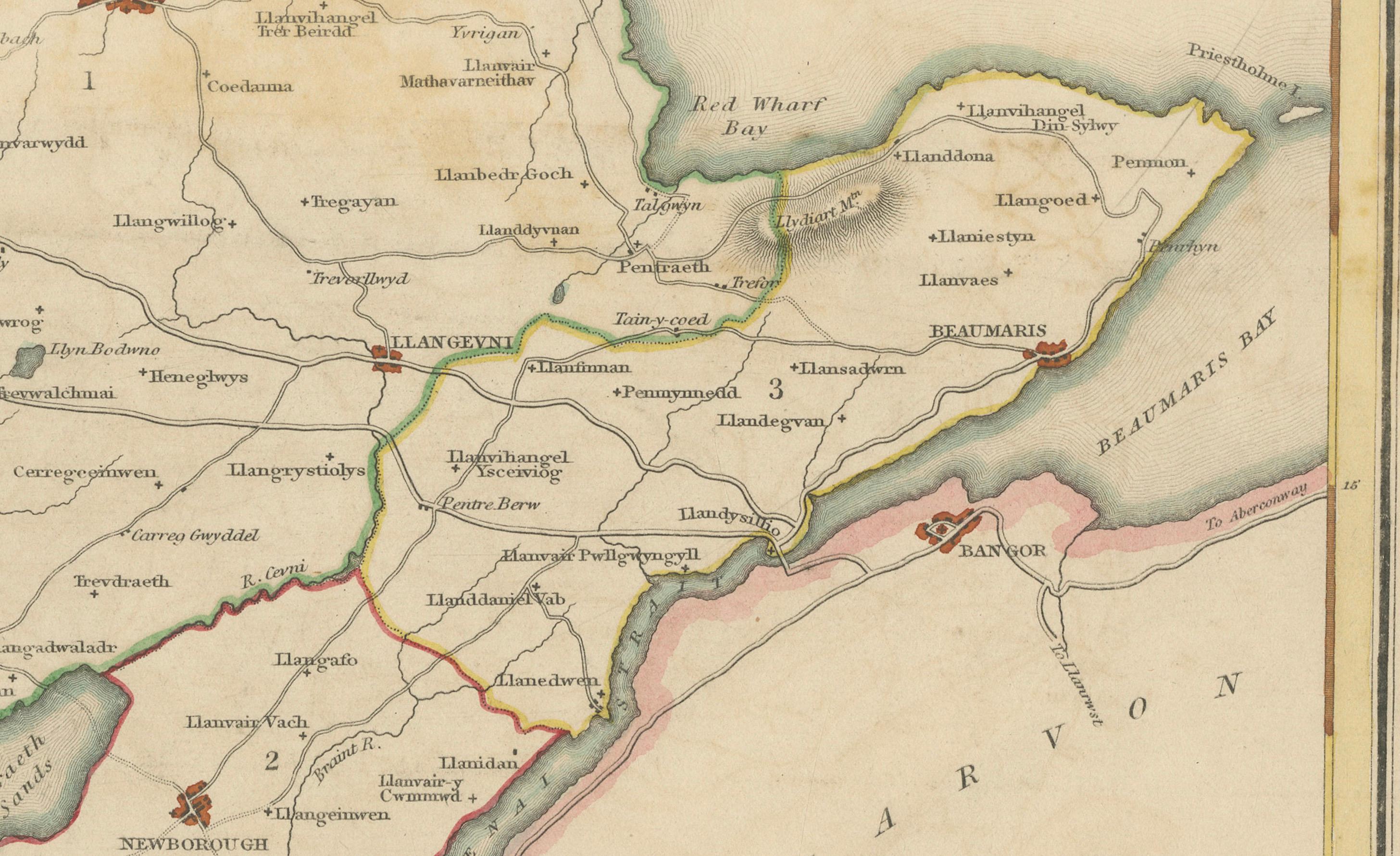 Titre : Ancienne carte d'Anglesey par Samuel Lewis 1844 - Beaumaris Holyhead Llanerchymedd Amlwch Llangefni

Description : Cette carte ancienne d'Anglesey datant de 1844 a été dessinée et gravée pour le Topographical Dictionary of Wales de Samuel