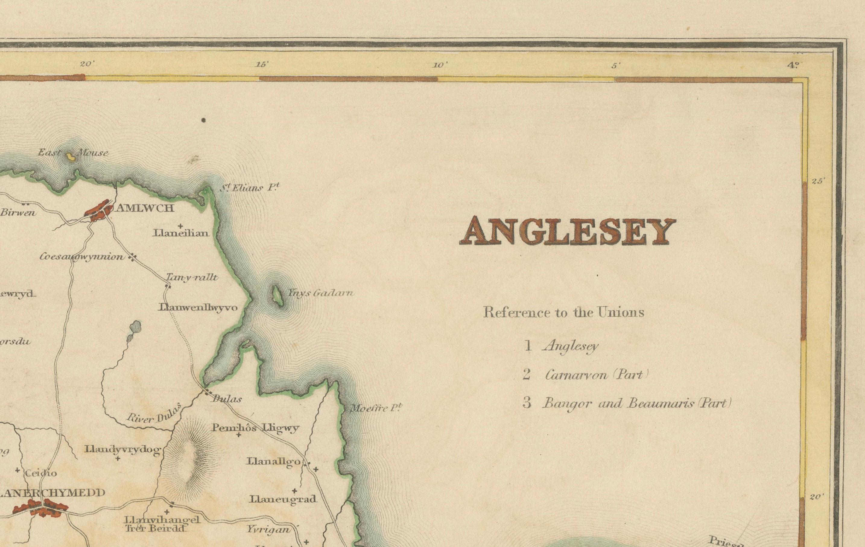 Ancienne carte d'Anglesey 1844 - Beaumaris Holyhead Llanerchymedd Amlwch Llangefni Bon état - En vente à Langweer, NL
