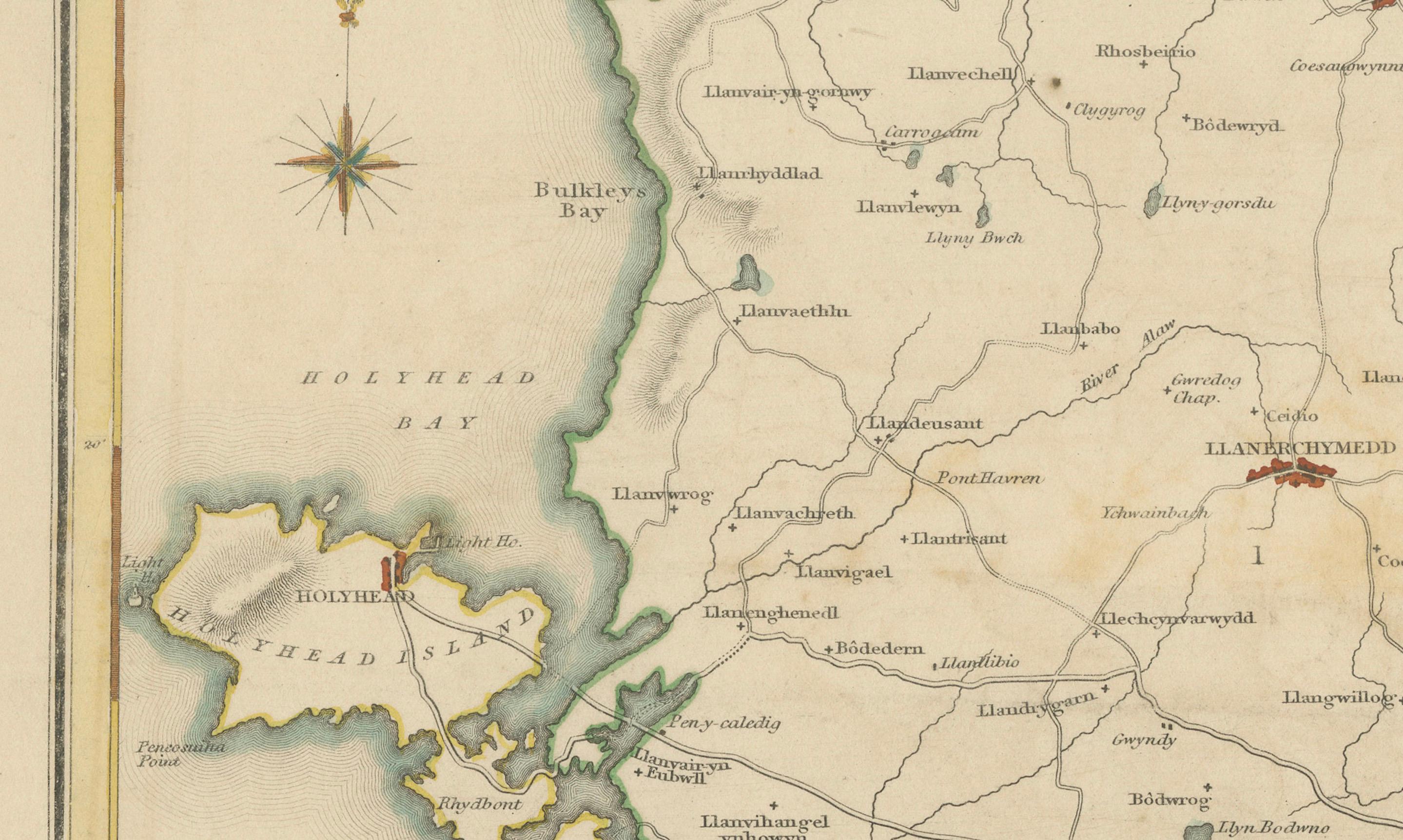 Milieu du XIXe siècle Ancienne carte d'Anglesey 1844 - Beaumaris Holyhead Llanerchymedd Amlwch Llangefni en vente