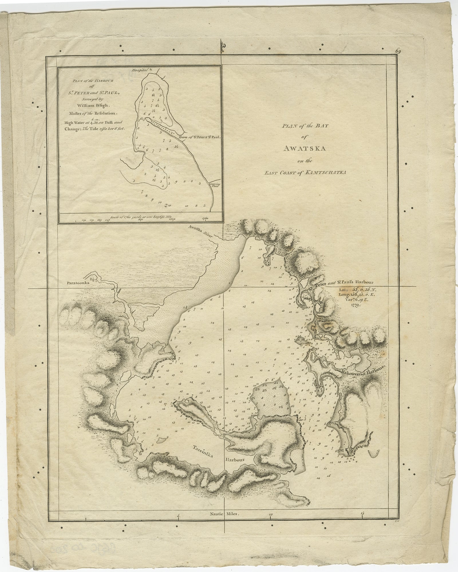 Antique map Awatska titled 'Plan of the Bay of Awatska (..)'. Antique map of Awatska Bay on the east coast of the Russian peninsula of Kamtschatka. Inset plan of St. Peter’s and St. Paul’s Harbour. Originates from an edition of Cook's