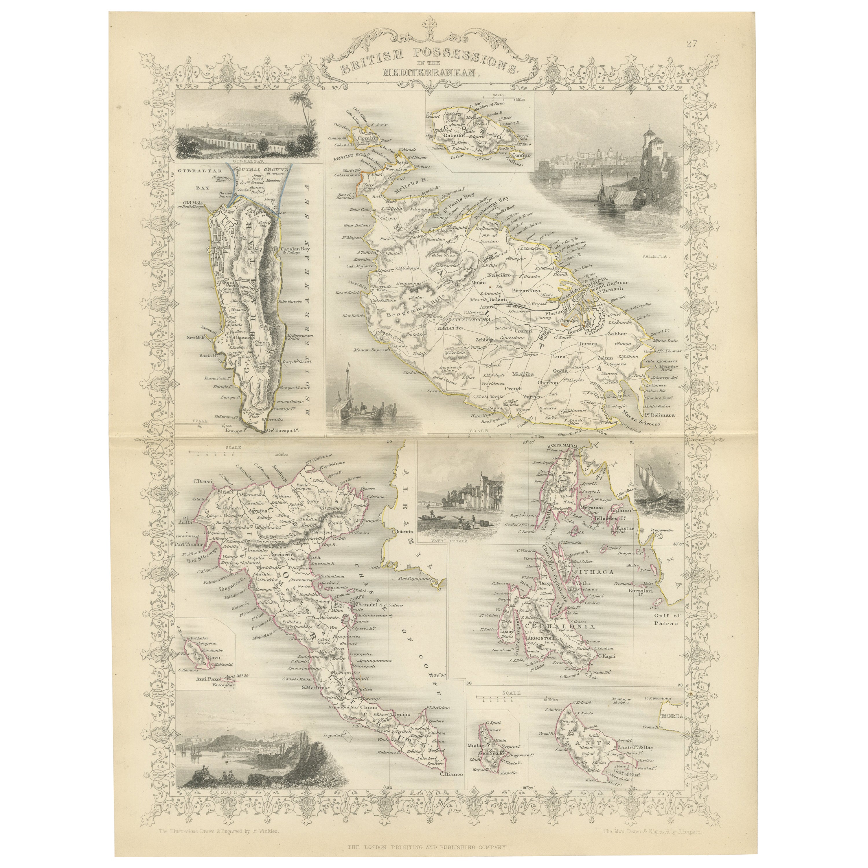 Old Map of British Mediterranean Territories with Images of Historic Sites, 1851