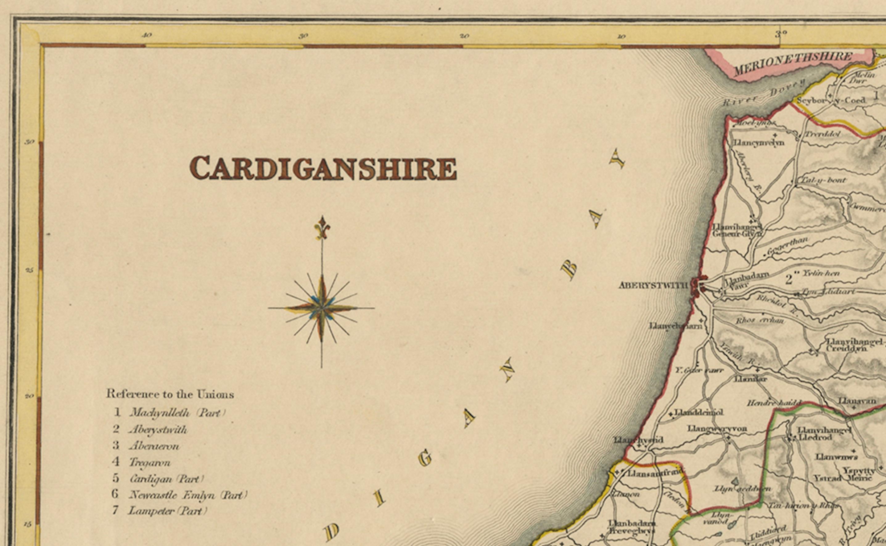Ancienne carte du Cardiganshire par Samuel Lewis 1844 - Aberystwyth Cardigan Tregaron Lampeter
  
Cette carte ancienne du Cardiganshire, datant de 1844, a été dessinée et gravée pour le Topographical Dictionary of Wales de Samuel Lewis. Il montre