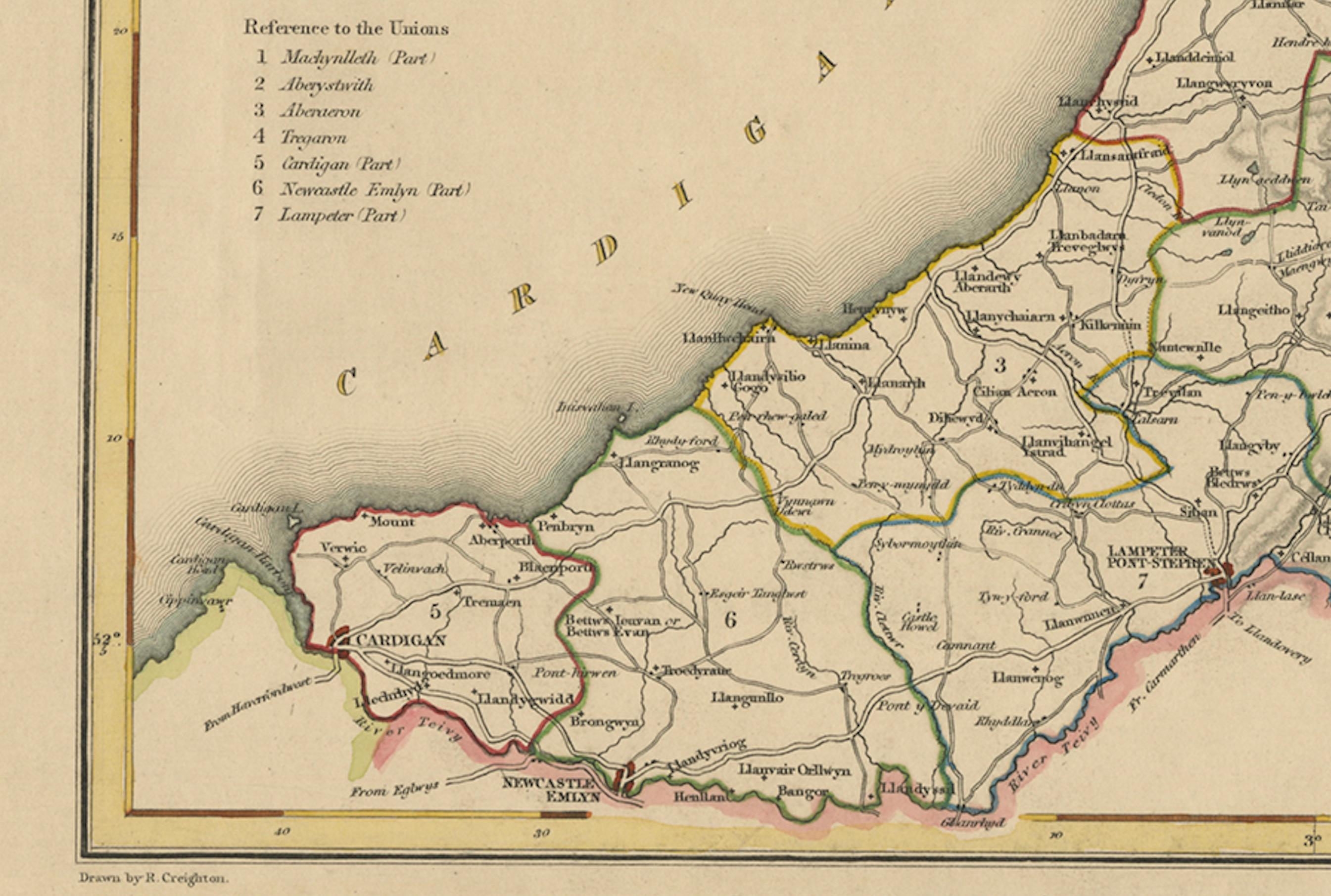 Ancienne carte du Cardiganshire par Lewis 1844 - Aberystwyth Cardigan Tregaron Lampeter Bon état - En vente à Langweer, NL