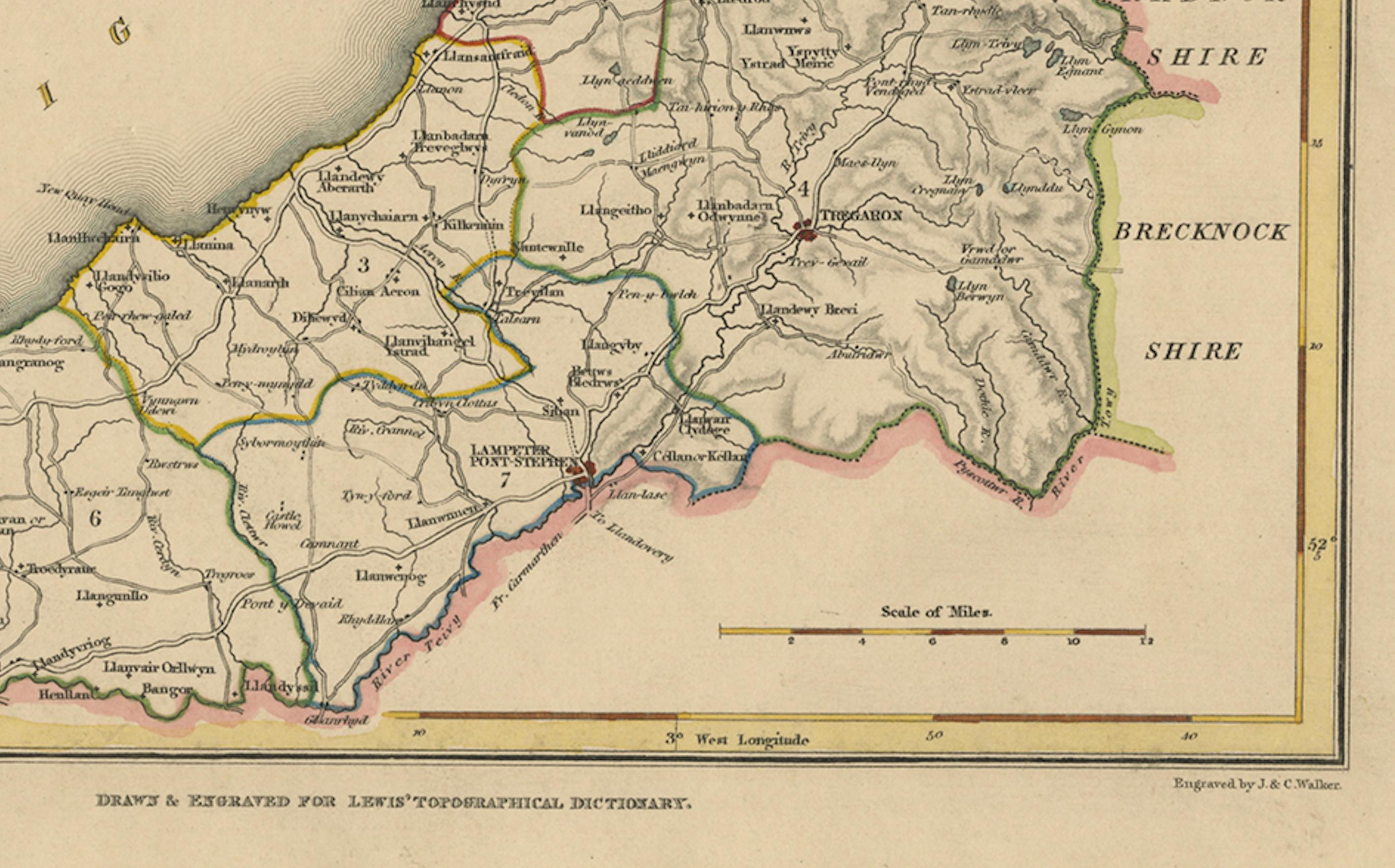 Milieu du XIXe siècle Ancienne carte du Cardiganshire par Lewis 1844 - Aberystwyth Cardigan Tregaron Lampeter en vente
