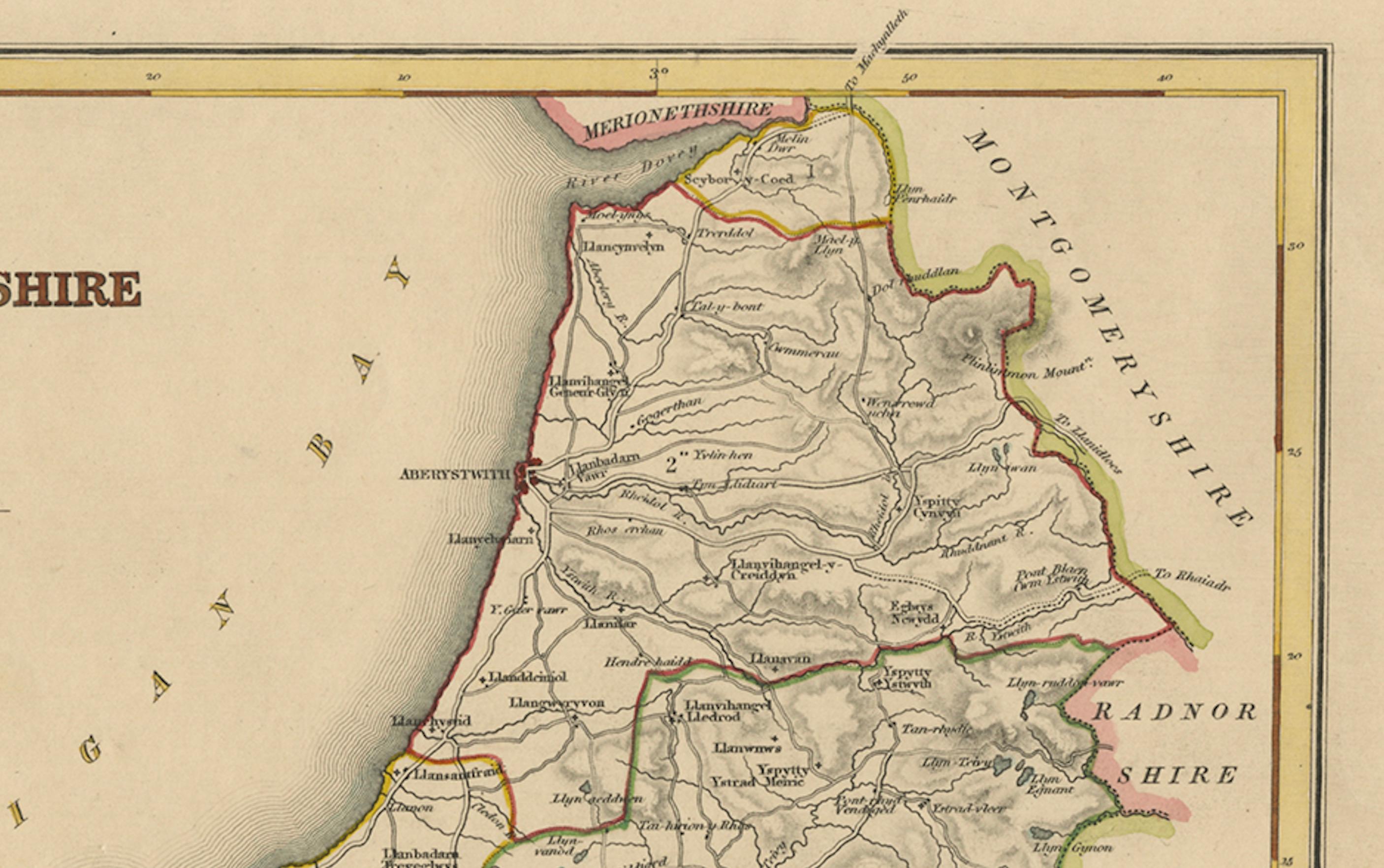 Papier Ancienne carte du Cardiganshire par Lewis 1844 - Aberystwyth Cardigan Tregaron Lampeter en vente