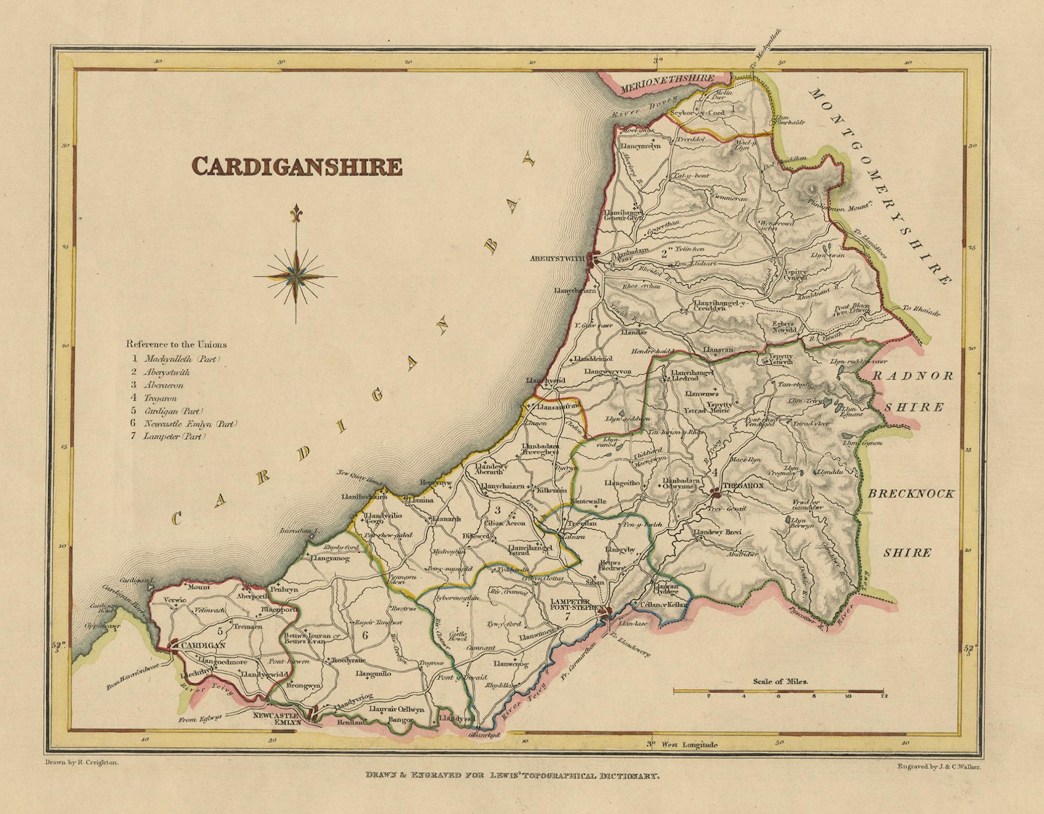 Ancienne carte du Cardiganshire par Lewis 1844 - Aberystwyth Cardigan Tregaron Lampeter en vente 1