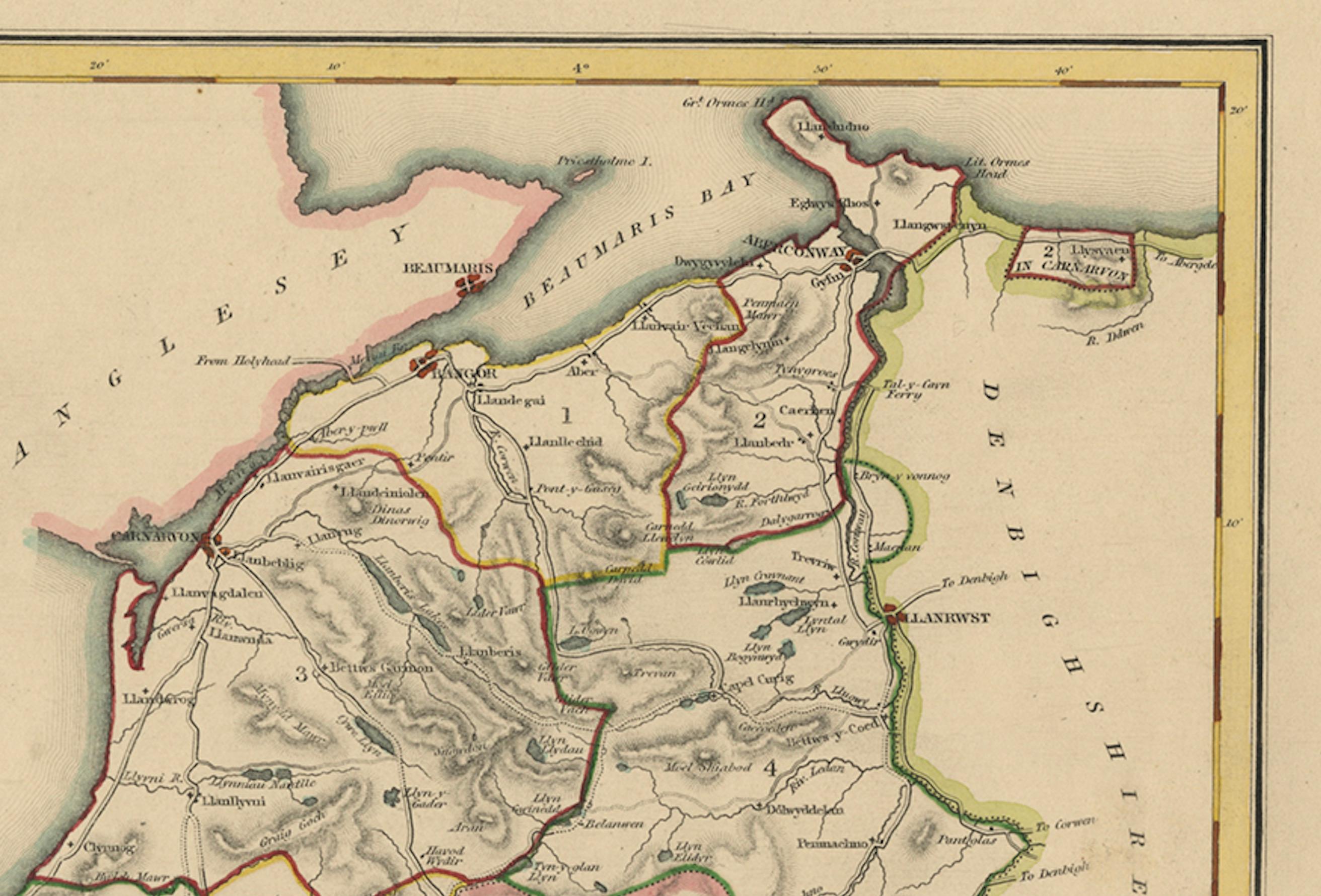 Title: Old Map of Carnarvonshire by Samuel Lewis 1844 – Caernarfon Bangor Pwllheli Beaumaris Bay

Description:  This antique map of Carnarvonshire was published in 1844 for Samuel Lewis’ Topographical Dictionary of Wales. It features major towns and