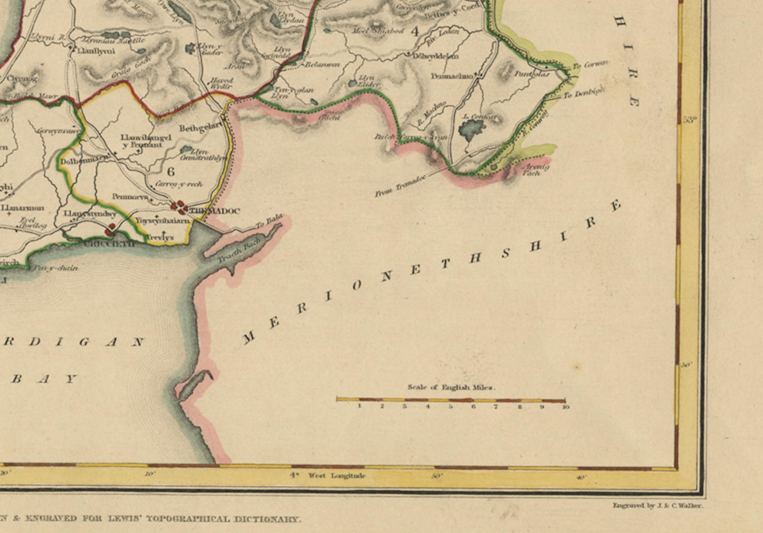 Old Map of Carnarvonshire 1844 – Caernarfon Bangor Pwllheli Beaumaris Bay In Good Condition For Sale In Langweer, NL