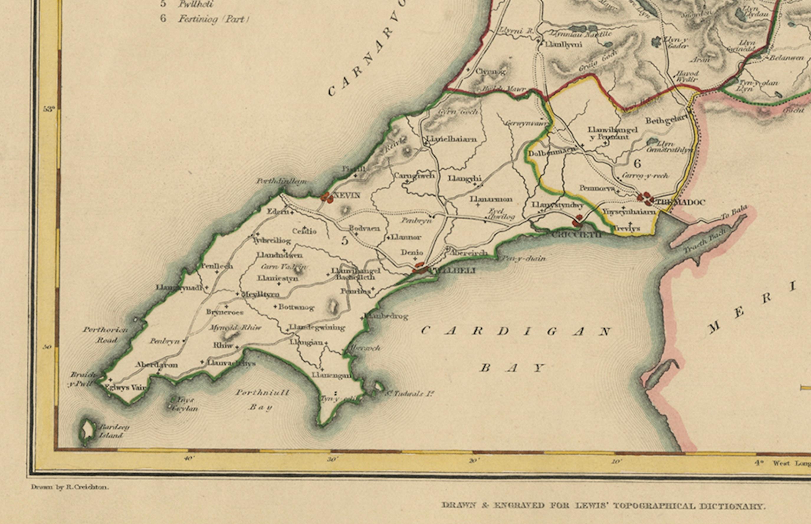 Mid-19th Century Old Map of Carnarvonshire 1844 – Caernarfon Bangor Pwllheli Beaumaris Bay For Sale