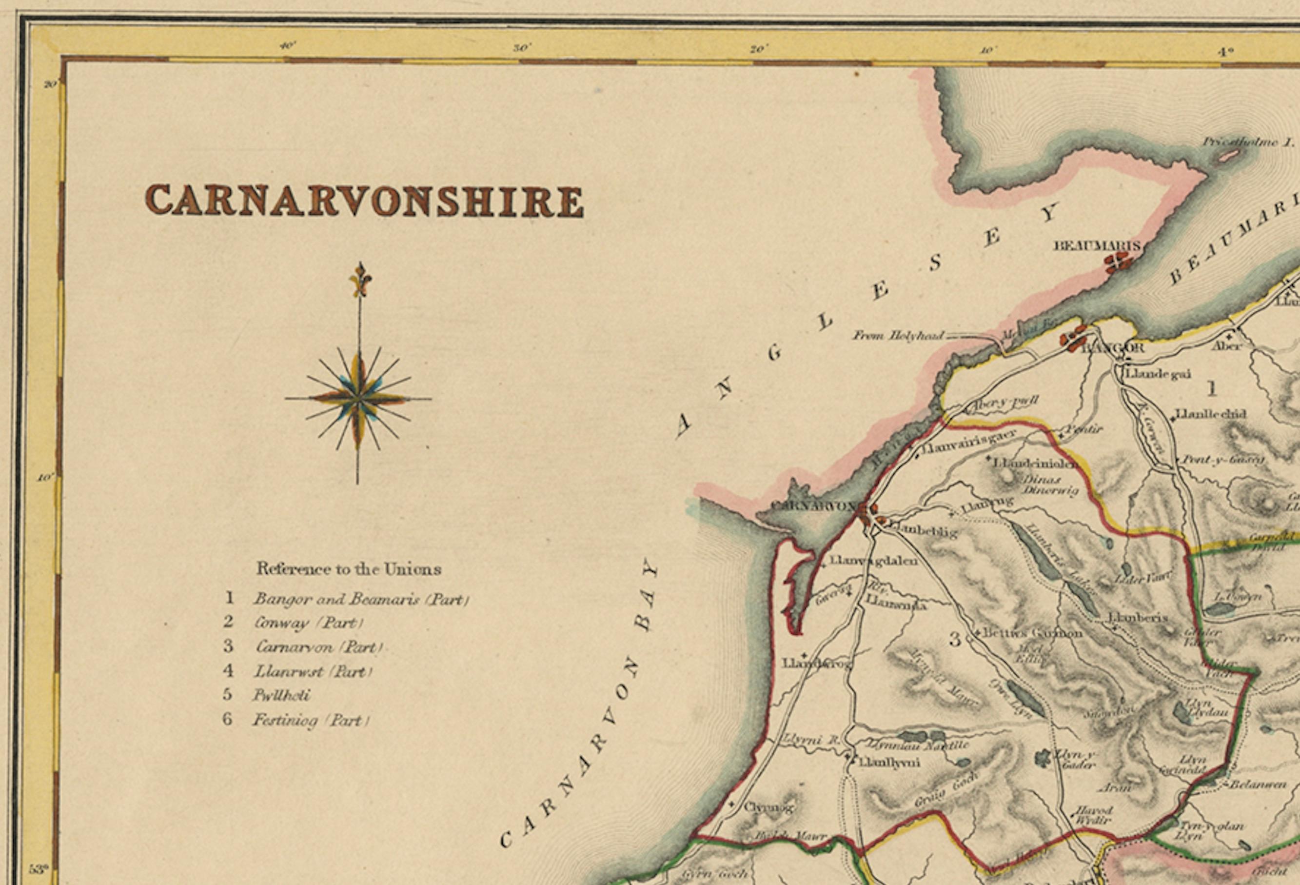 Paper Old Map of Carnarvonshire 1844 – Caernarfon Bangor Pwllheli Beaumaris Bay For Sale