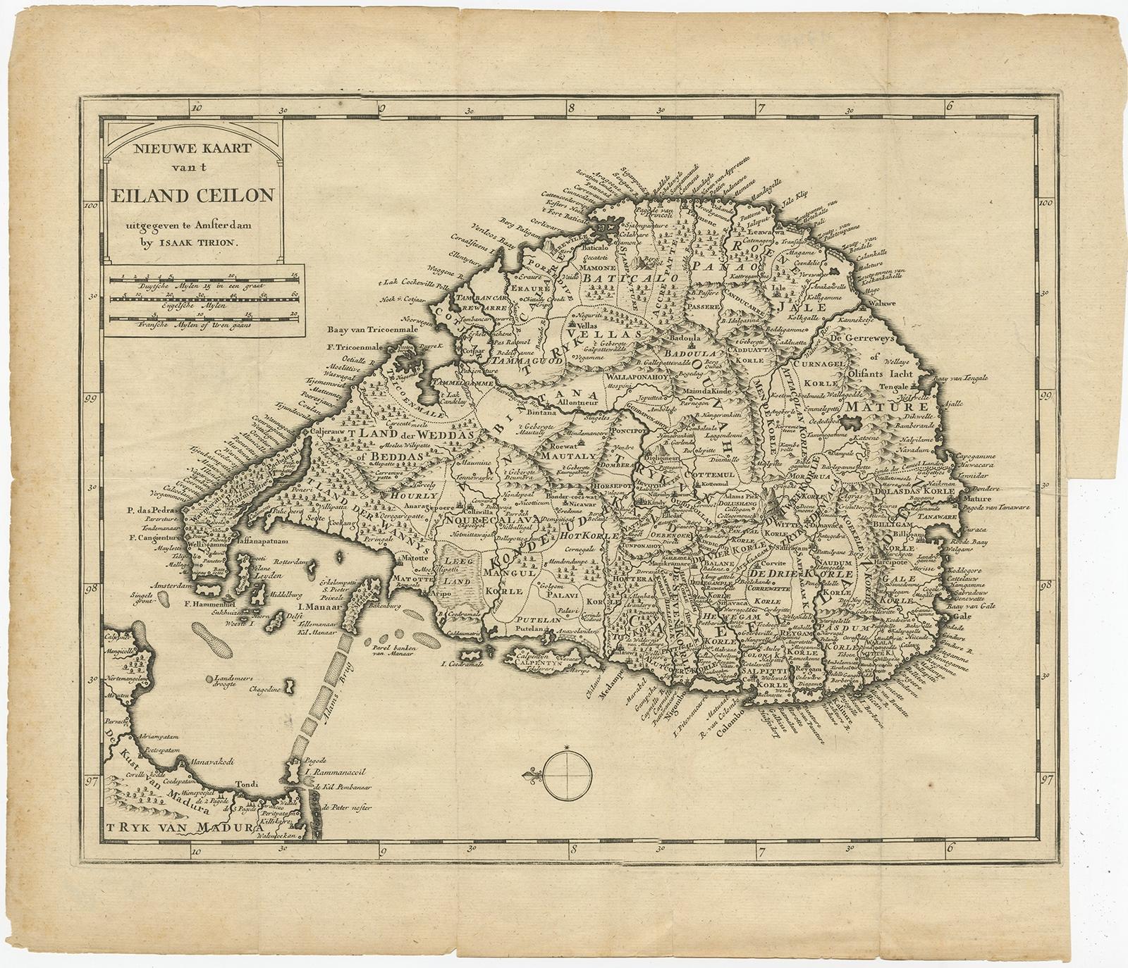 Description: Antique map Ceylon titled 'Nieuwe Kaart van t Eland Ceilon'. 

Old map of present-day Sri Lanka with north oriented to the left. The legendary Adams Brug (Adam's Bridge or Rama's Bridge) is clearly shown linking Mannar island off Sri