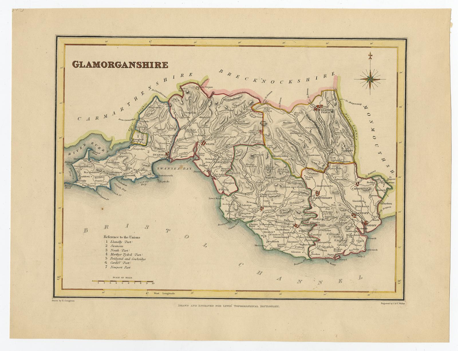 Titre : Ancienne carte du Glamorganshire par Samuel Lewis 1844 - Swansea Cardiff Merthyr Tydfil Neath

Description : Cette carte détaillée du Glamorganshire a été publiée en 1844 pour le Dictionnaire topographique du Pays de Galles de Samuel Lewis.