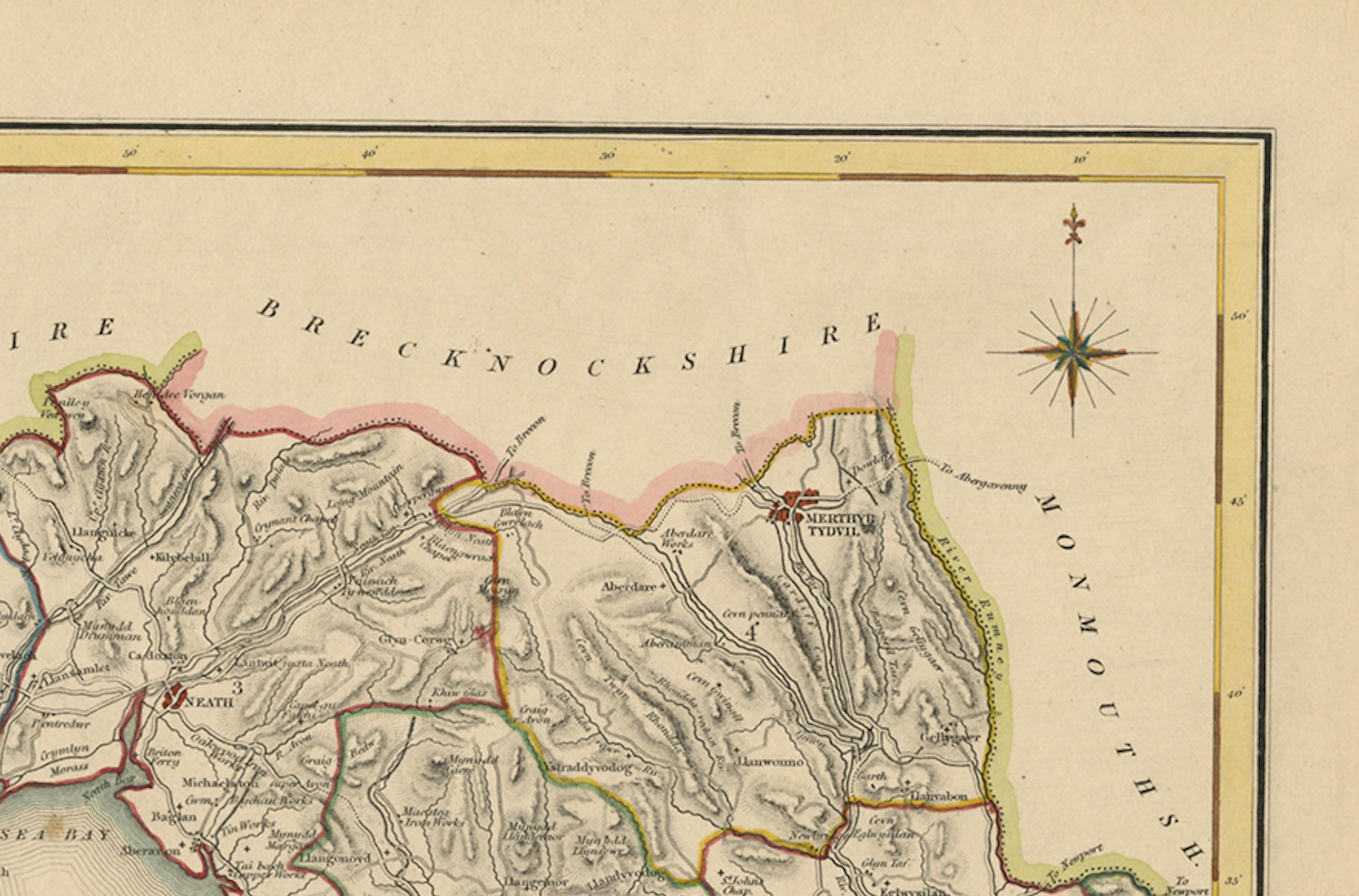 Ancienne carte du Glamorganshire par Lewis 1844 - Swansea Cardiff Merthyr Tydfil Neath en vente 1