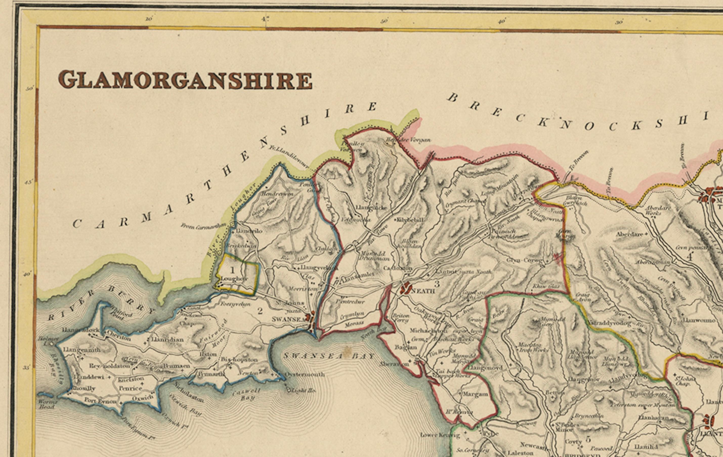 Ancienne carte du Glamorganshire par Lewis 1844 - Swansea Cardiff Merthyr Tydfil Neath en vente 2