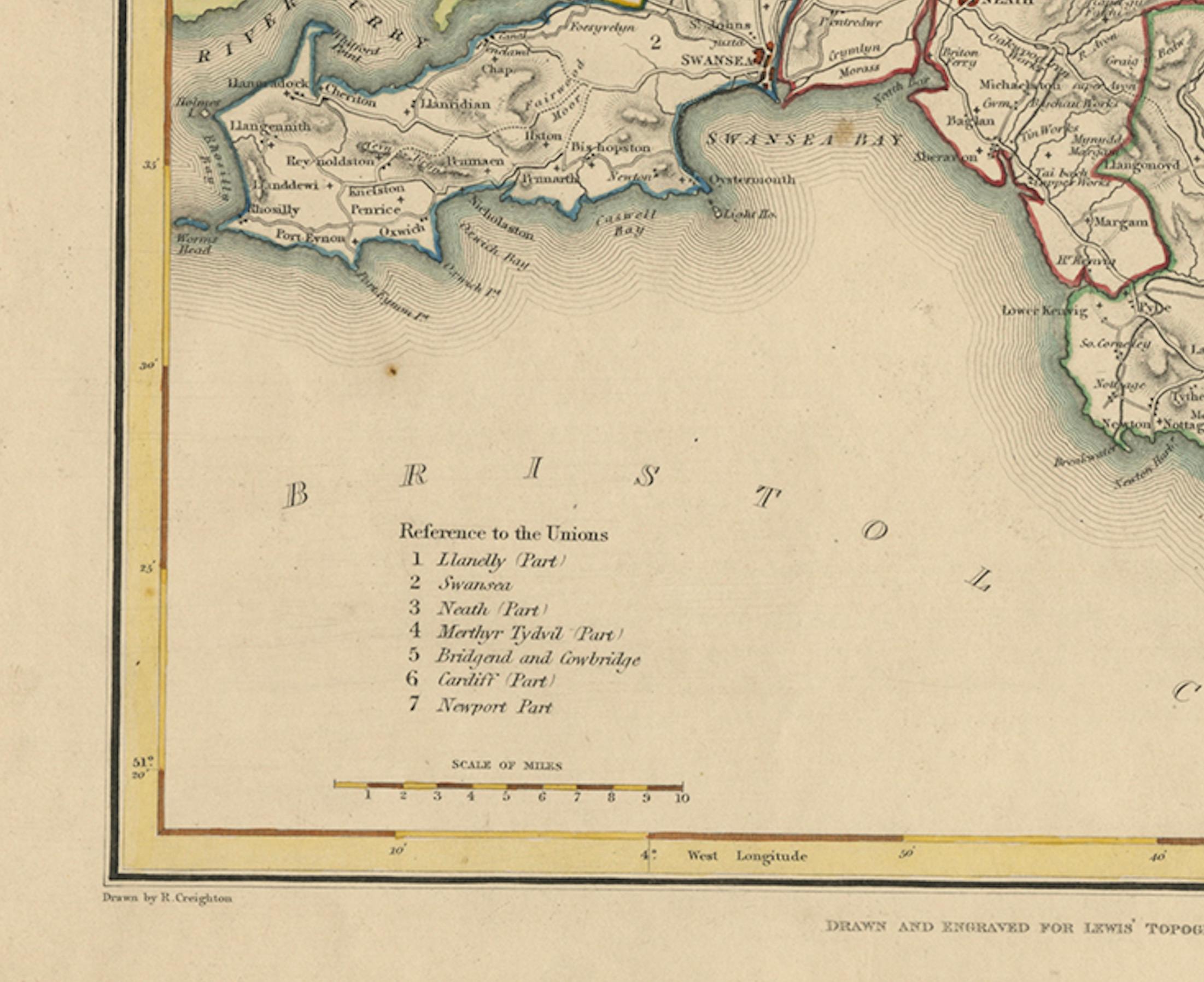 Ancienne carte du Glamorganshire par Lewis 1844 - Swansea Cardiff Merthyr Tydfil Neath en vente 3