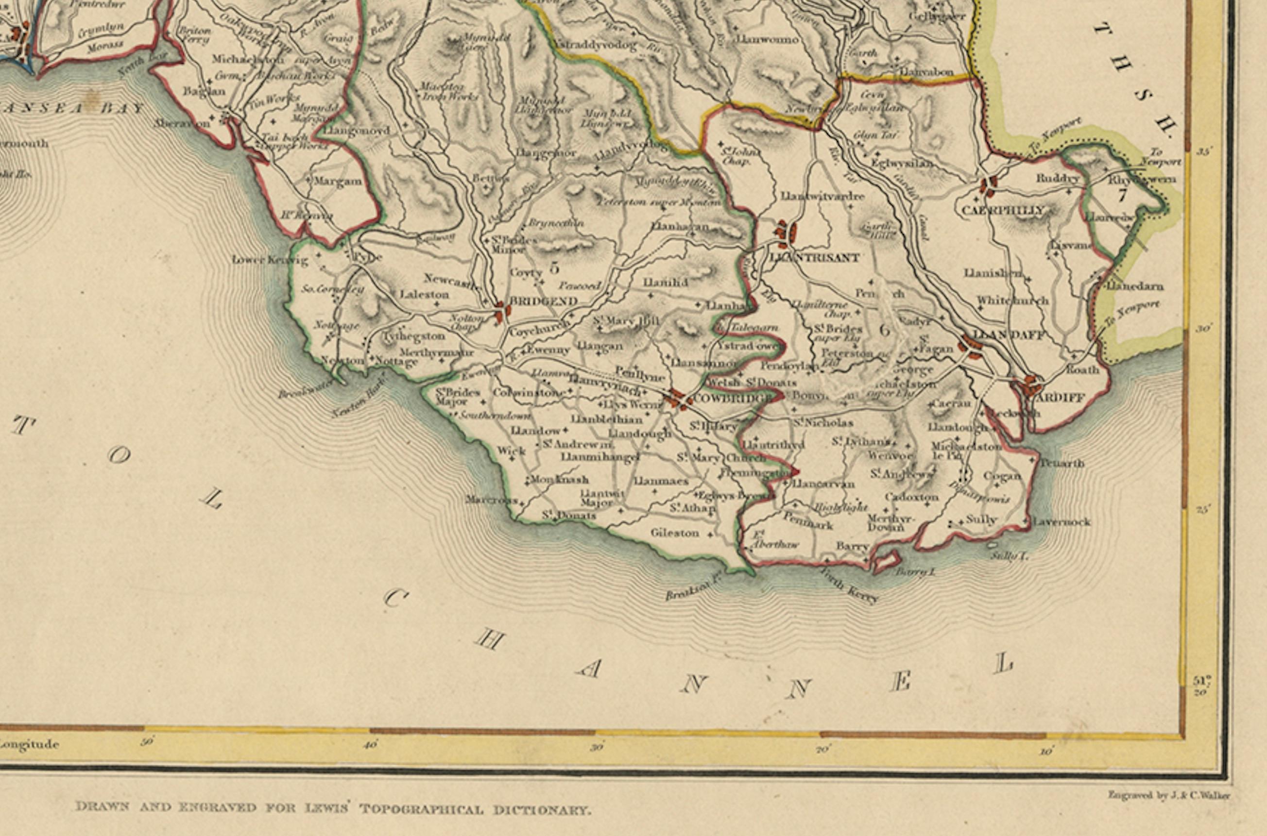 Ancienne carte du Glamorganshire par Lewis 1844 - Swansea Cardiff Merthyr Tydfil Neath en vente 4