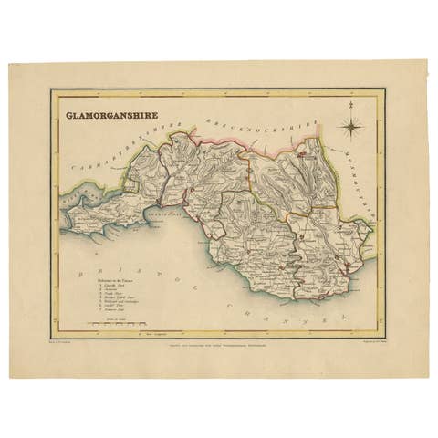 Old Map of Glamorganshire by Lewis 1844 – Swansea Cardiff Merthyr Tydfil Neath
