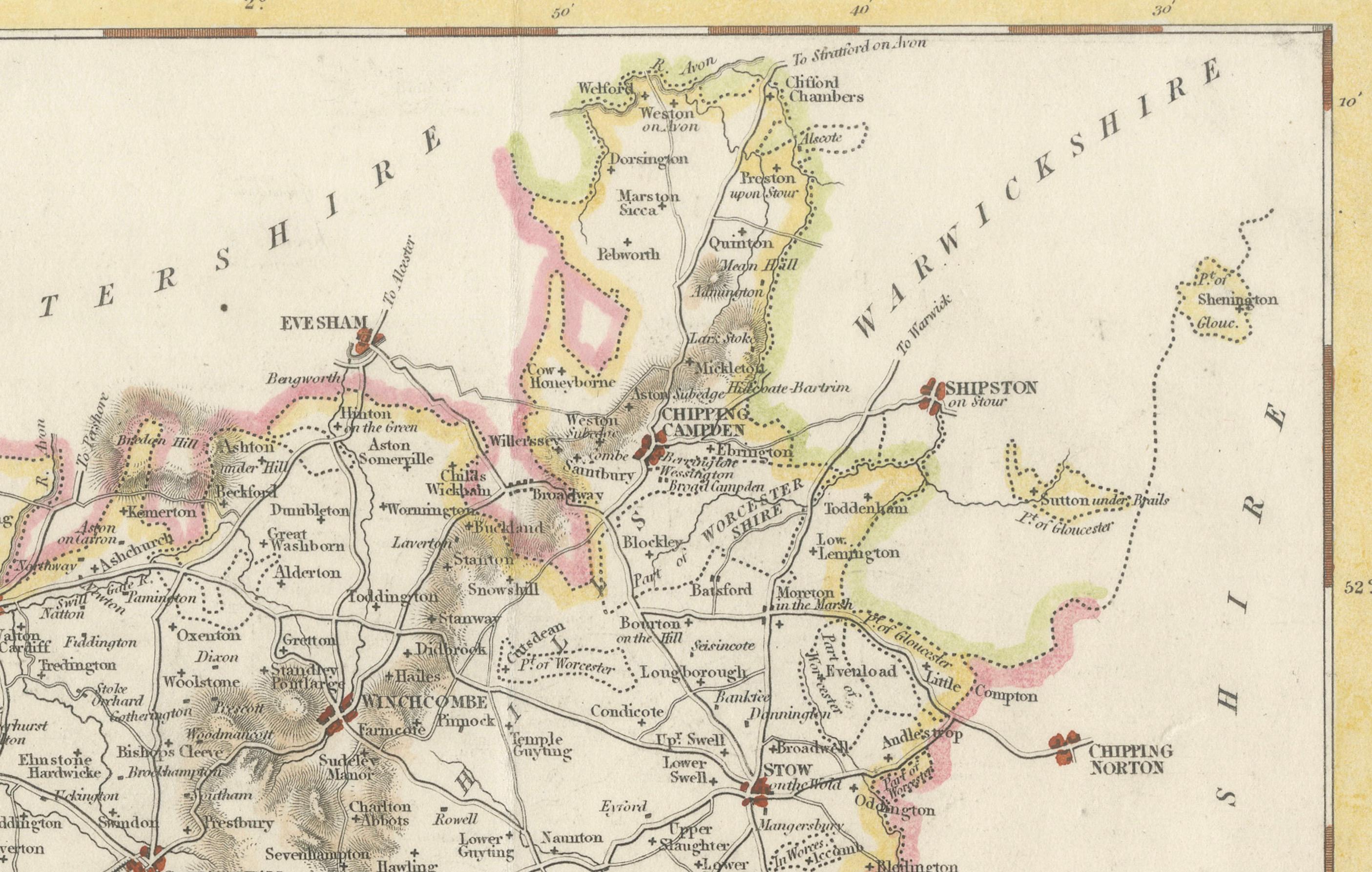 Title:  Old Map of Gloucestershire by Samuel Lewis 1844 – Gloucester Cheltenham Bristol Cirencester Tewkesbury

Description:  
This antique 1844 map of Gloucestershire was engraved for Samuel Lewis’ Topographical Dictionary of England. It includes