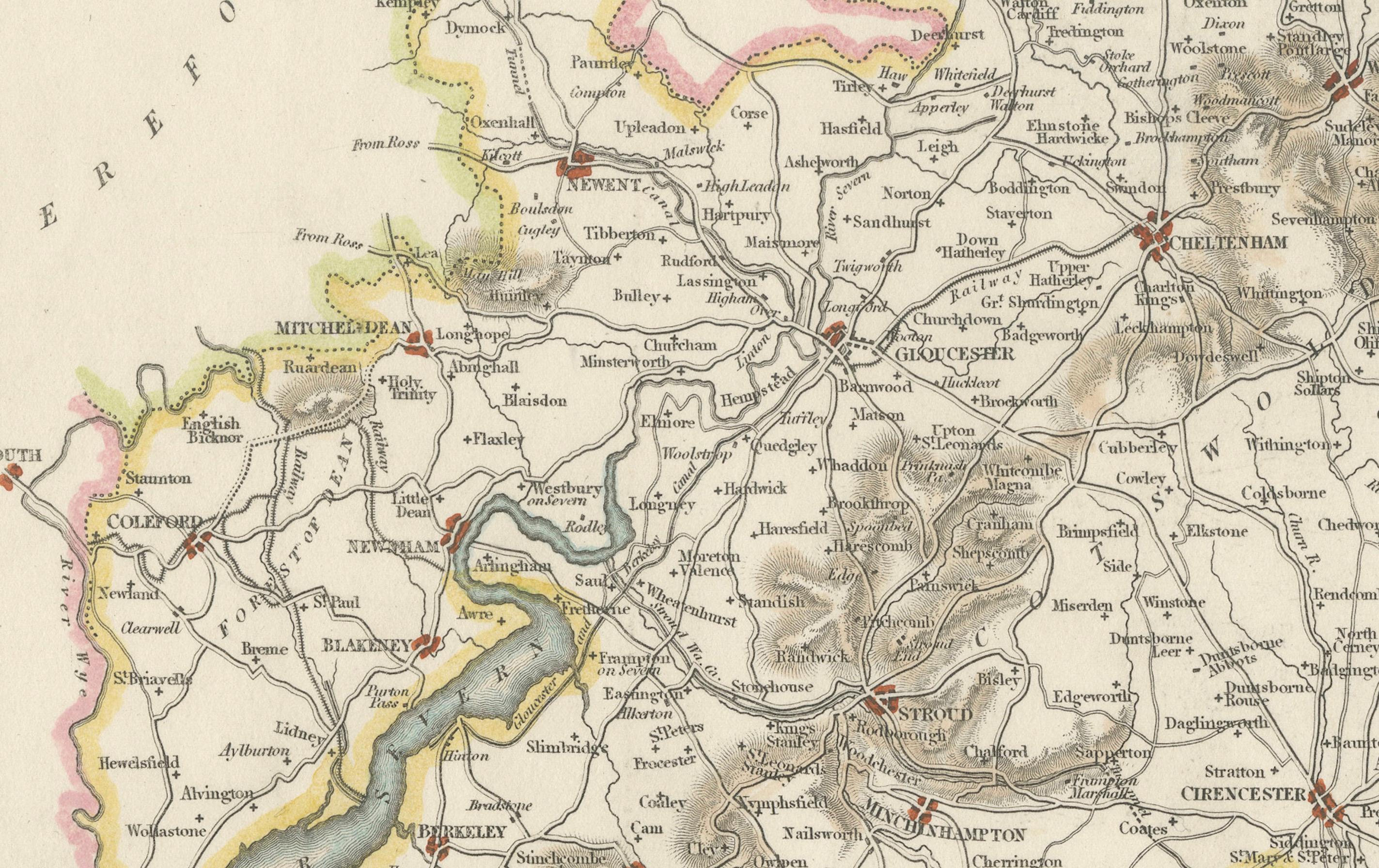 Old Map of Gloucestershire by Samuel Lewis 1844 – Gloucester, Cheltenham, Bristo In Good Condition For Sale In Langweer, NL