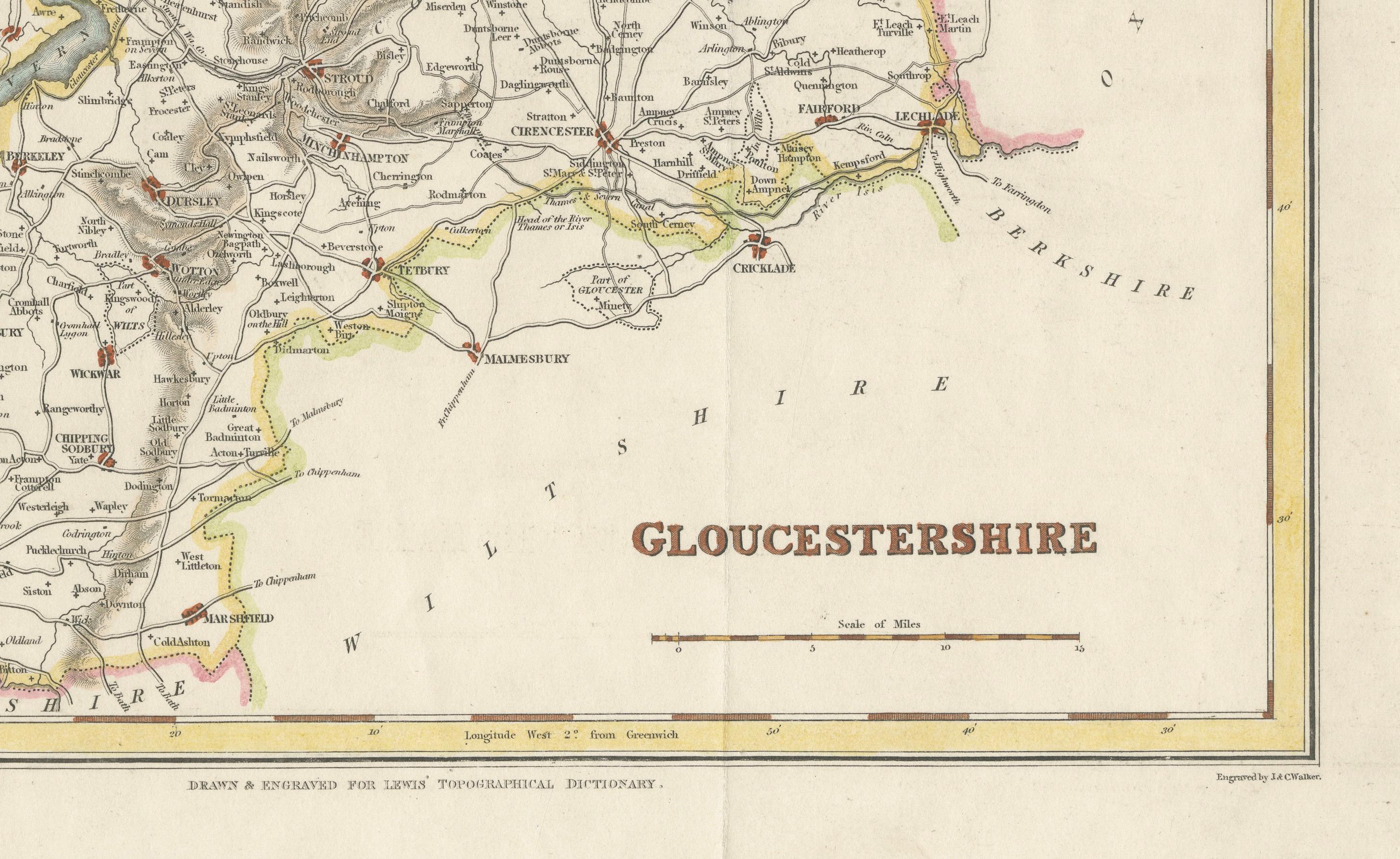 Paper Old Map of Gloucestershire by Samuel Lewis 1844 – Gloucester, Cheltenham, Bristo For Sale