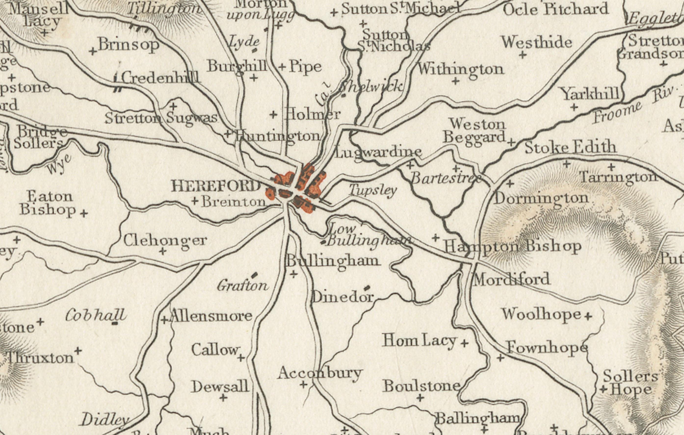 Paper Old Map of Herefordshire 1844 – Hereford Leominster Ross-on-Wye Kington Bromyard For Sale
