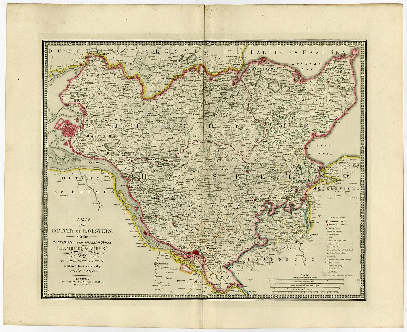 Antique map titled 'Map of the Duchy of Holstein with the territories of the Imperial Towns Hamburg & Lubeck (..) 

Based on a map by Fischer.' Map of the Duchy of Holstein. From James Wyld's 'A New General Atlas of Modern Geography.', published by