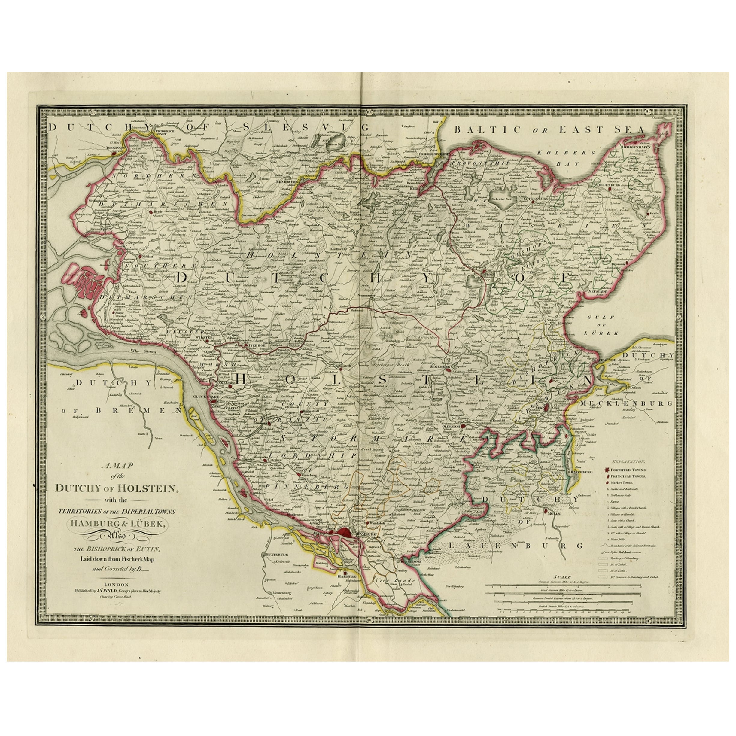Mapa antiguo de Holstein con las ciudades imperiales de Hamburgo y Lubeck, Alemania, 1854