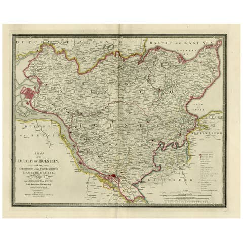Old Map of Holstein with the Imperial Towns Hamburg & Lubeck, Germany, 1854