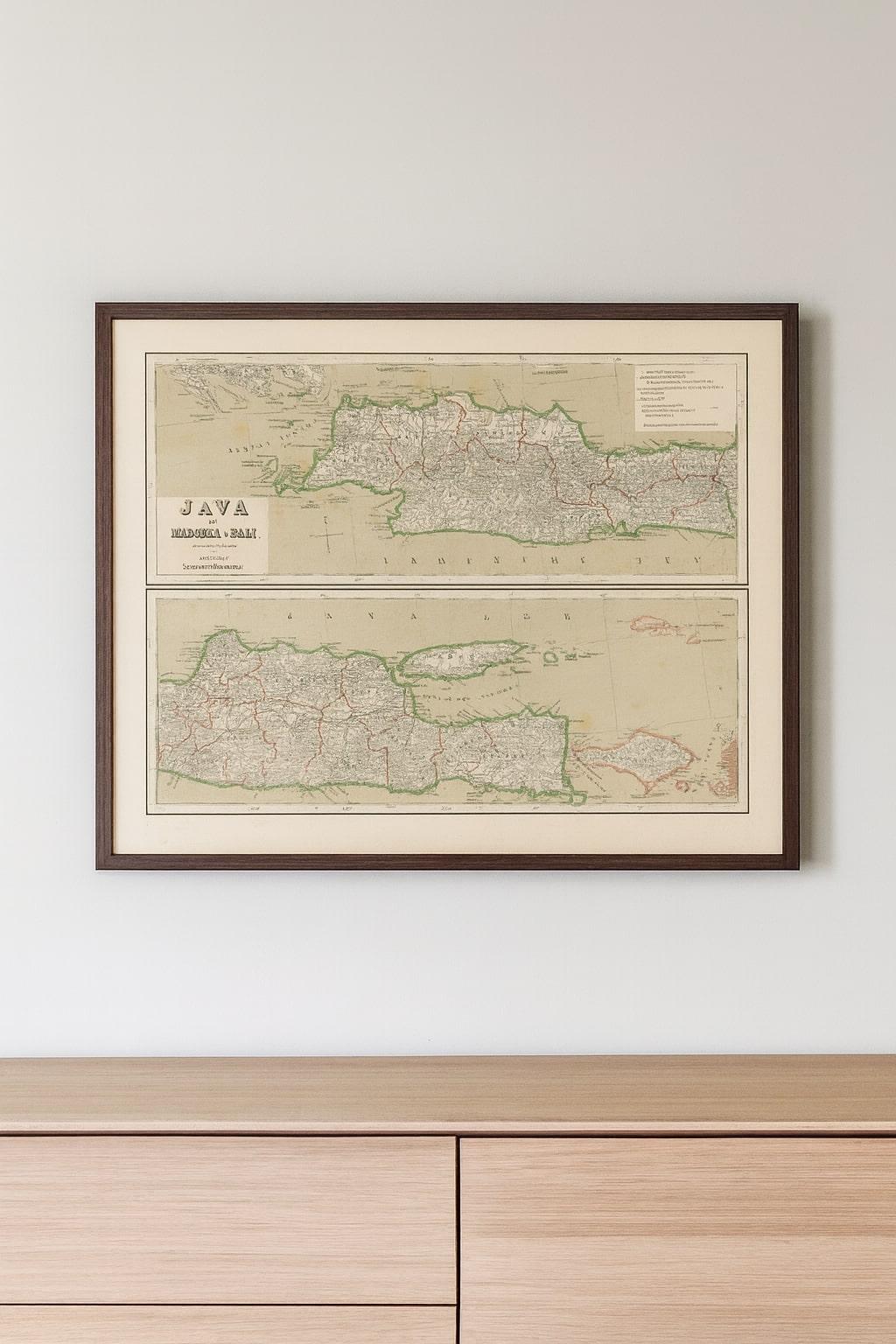 Mapa Antiguo de Java Madura y Bali - Cartografía Colonial de las Indias Orientales Holandesas

Este decorativo mapa antiguo representa la isla de Java junto con Madura y Bali, presentando una de las representaciones cartográficas más detalladas y