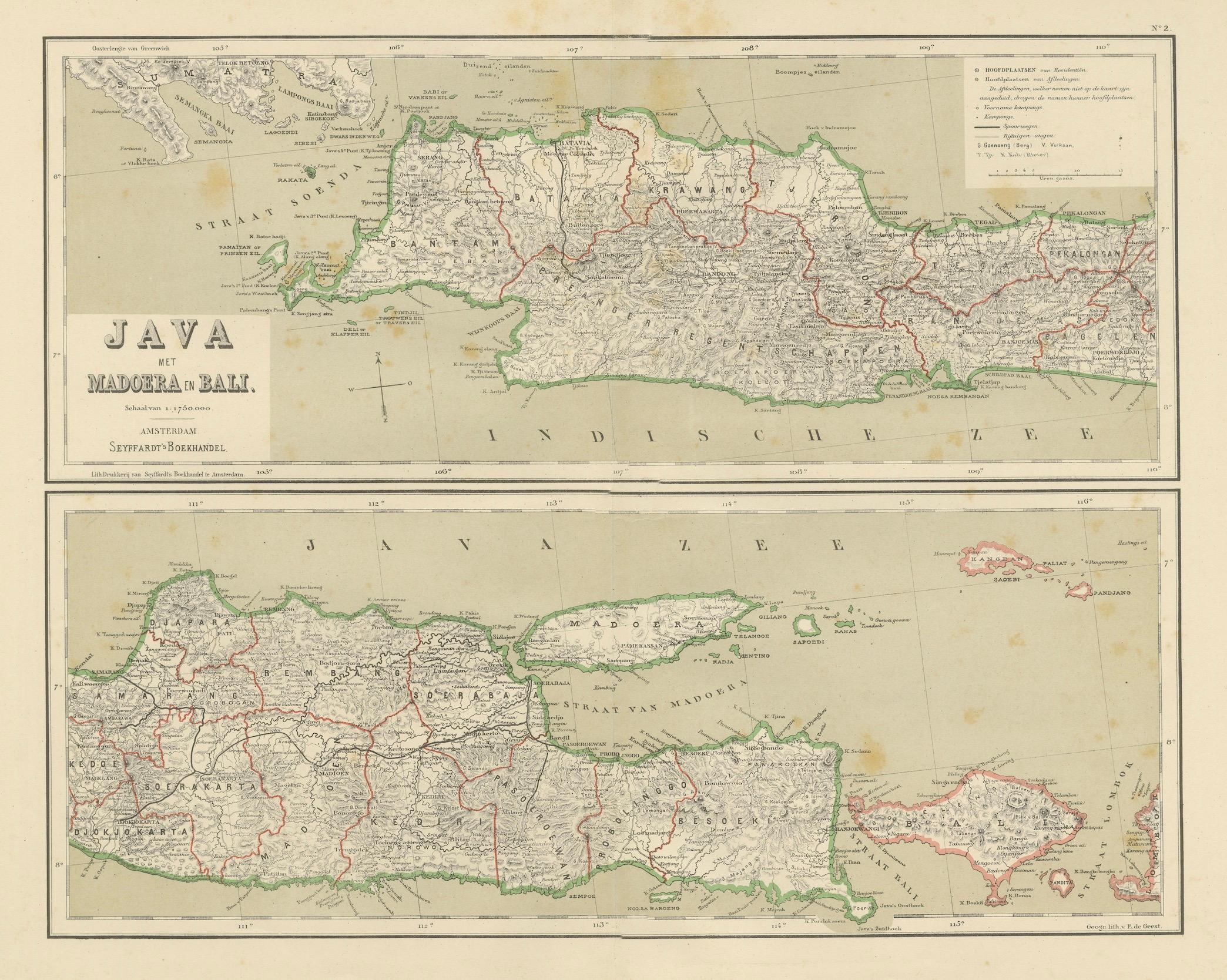 Mapa antiguo de Java, Madura y Bali - Cartografía colonial de las Indias Orientales Holandesas, 1884 en Bueno estado para la venta en Langweer, NL