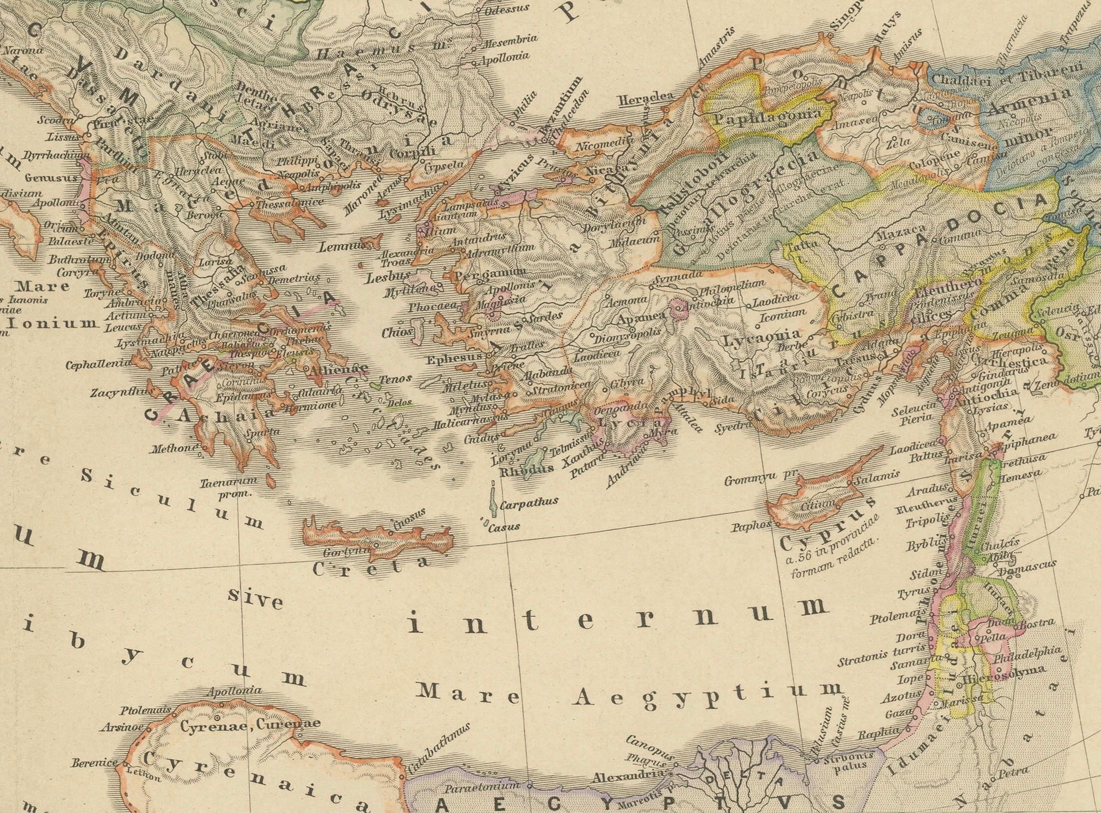 Es handelt sich um eine historische Karte, die den Mittelmeerraum während eines bestimmten Zeitraums der römischen Geschichte darstellt, von der Rückkehr Pompejus' des Großen nach seinem Feldzug in Kleinasien bis zur Schlacht von Actium, einer