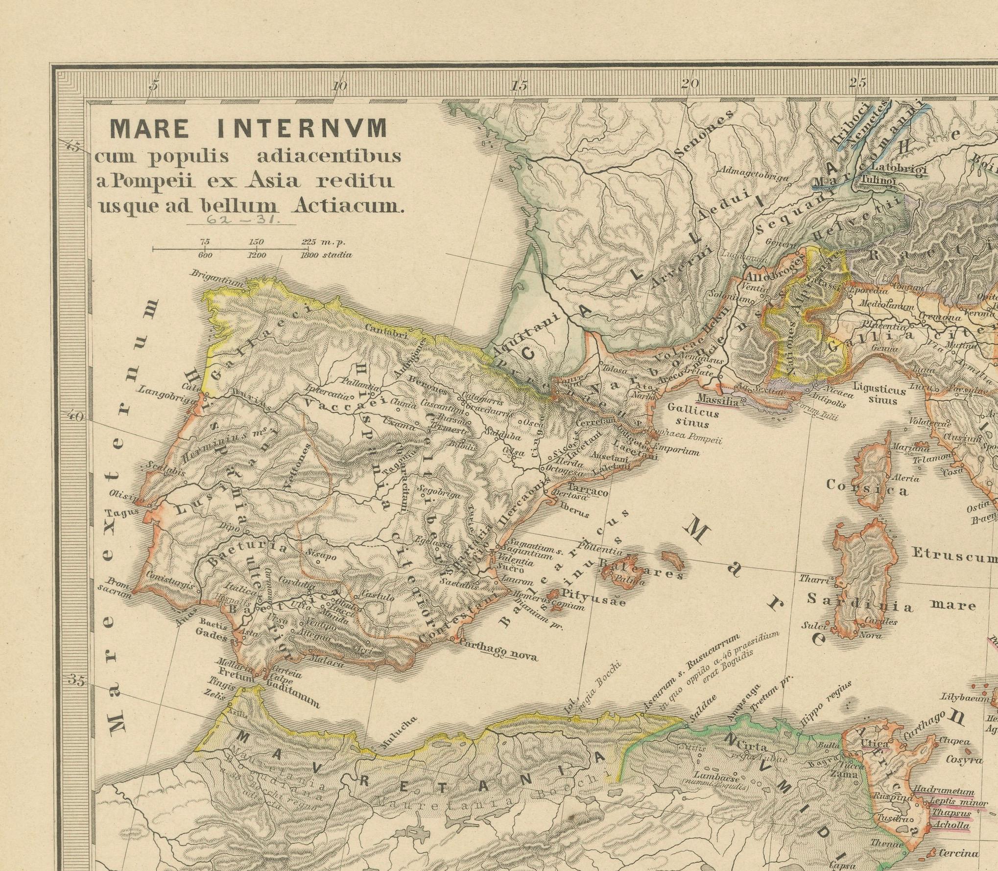 Ancienne carte des pouvoirs méditerranéens : Pompey to Actium (66-31 avant J.-C.), publiée en 1880  en vente 2