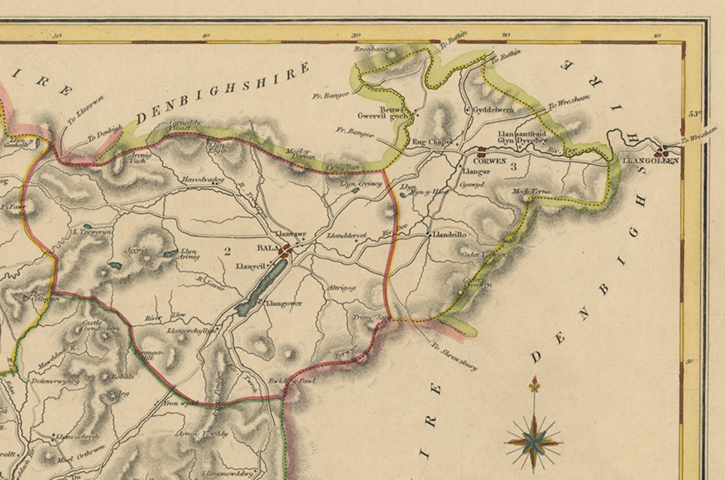 Old Map of Merionethshire by Samuel Lewis 1844 – Barmouth Bala Harlech Dolgelley

Description:  This finely engraved hand-colored map of Merionethshire was published in 1844 for Samuel Lewis’ Topographical Dictionary of Wales. It features key towns