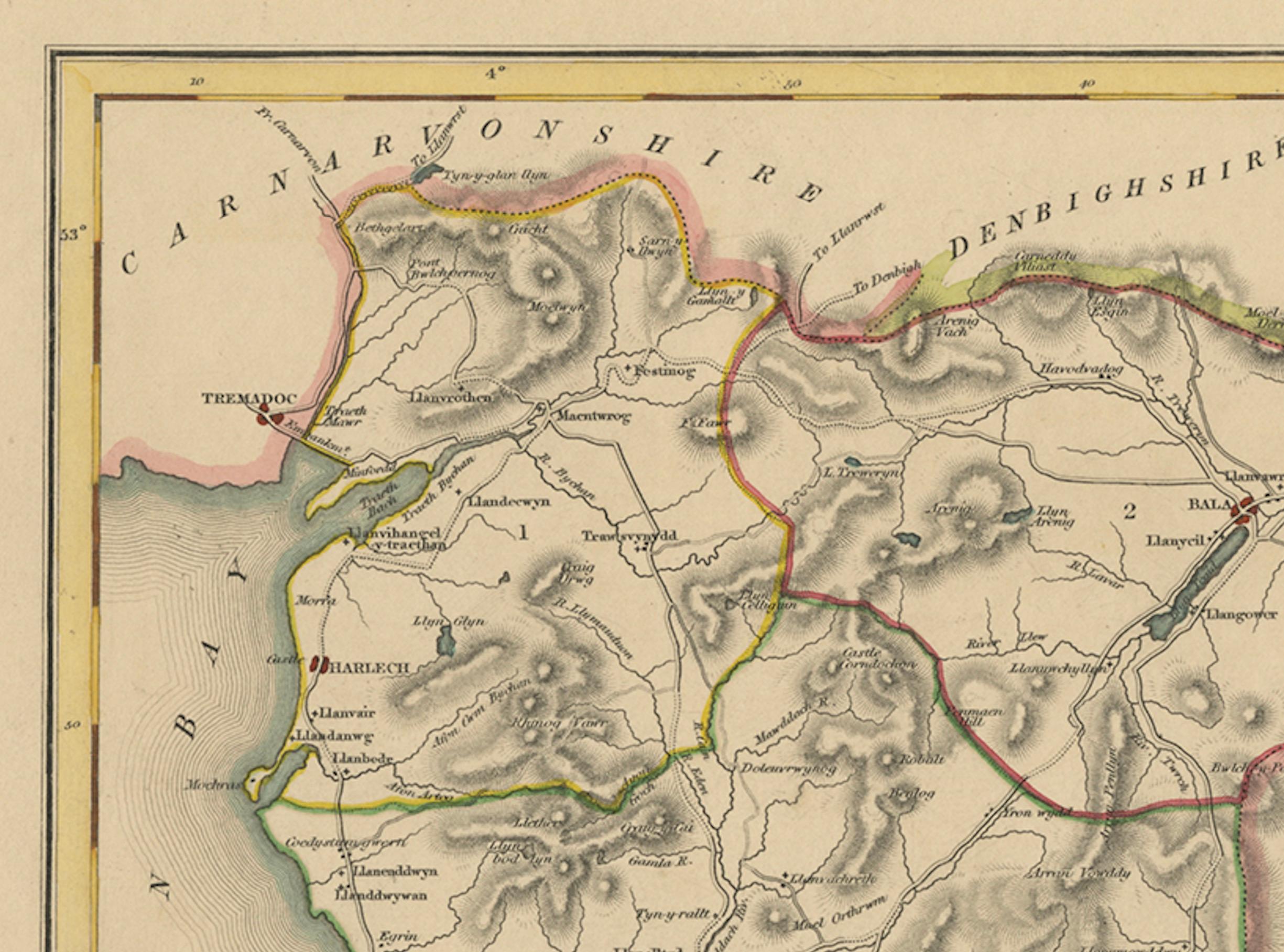 Old Map of Merionethshire by Lewis, 1844: Barmouth, Bala, Harlech, Dolgelley In Good Condition For Sale In Langweer, NL