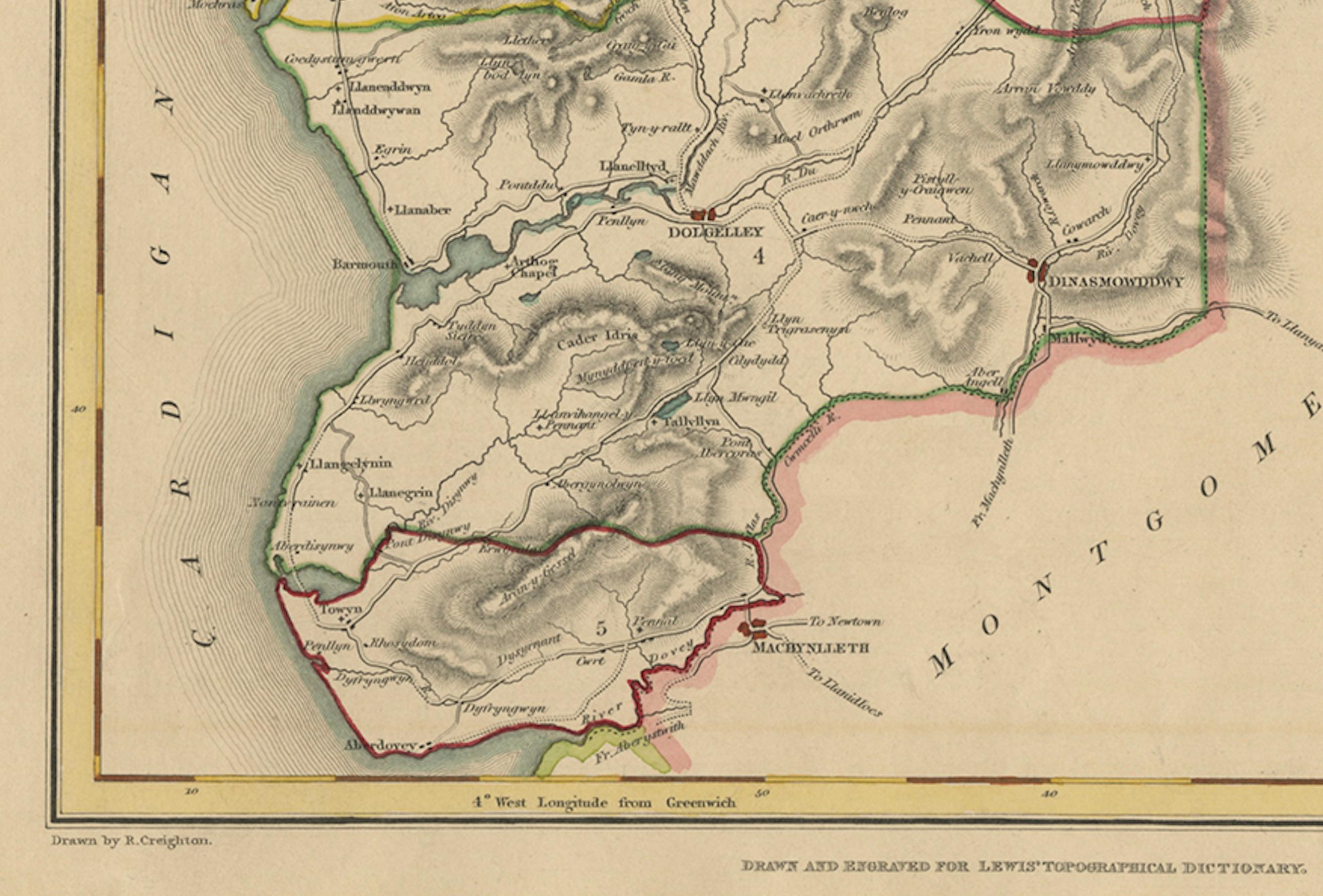 Mid-19th Century Old Map of Merionethshire by Lewis, 1844: Barmouth, Bala, Harlech, Dolgelley For Sale