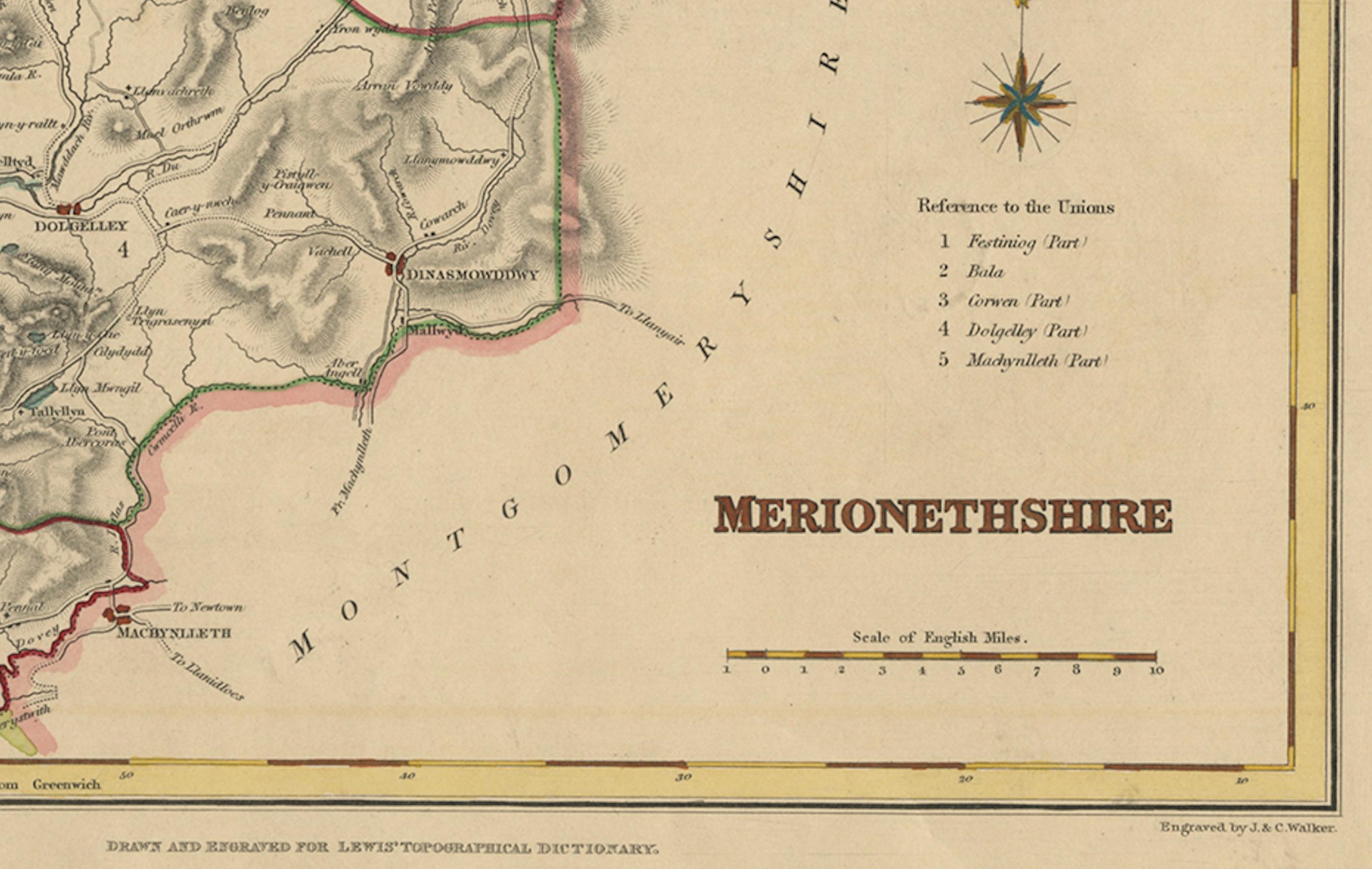 Paper Old Map of Merionethshire by Lewis, 1844: Barmouth, Bala, Harlech, Dolgelley For Sale