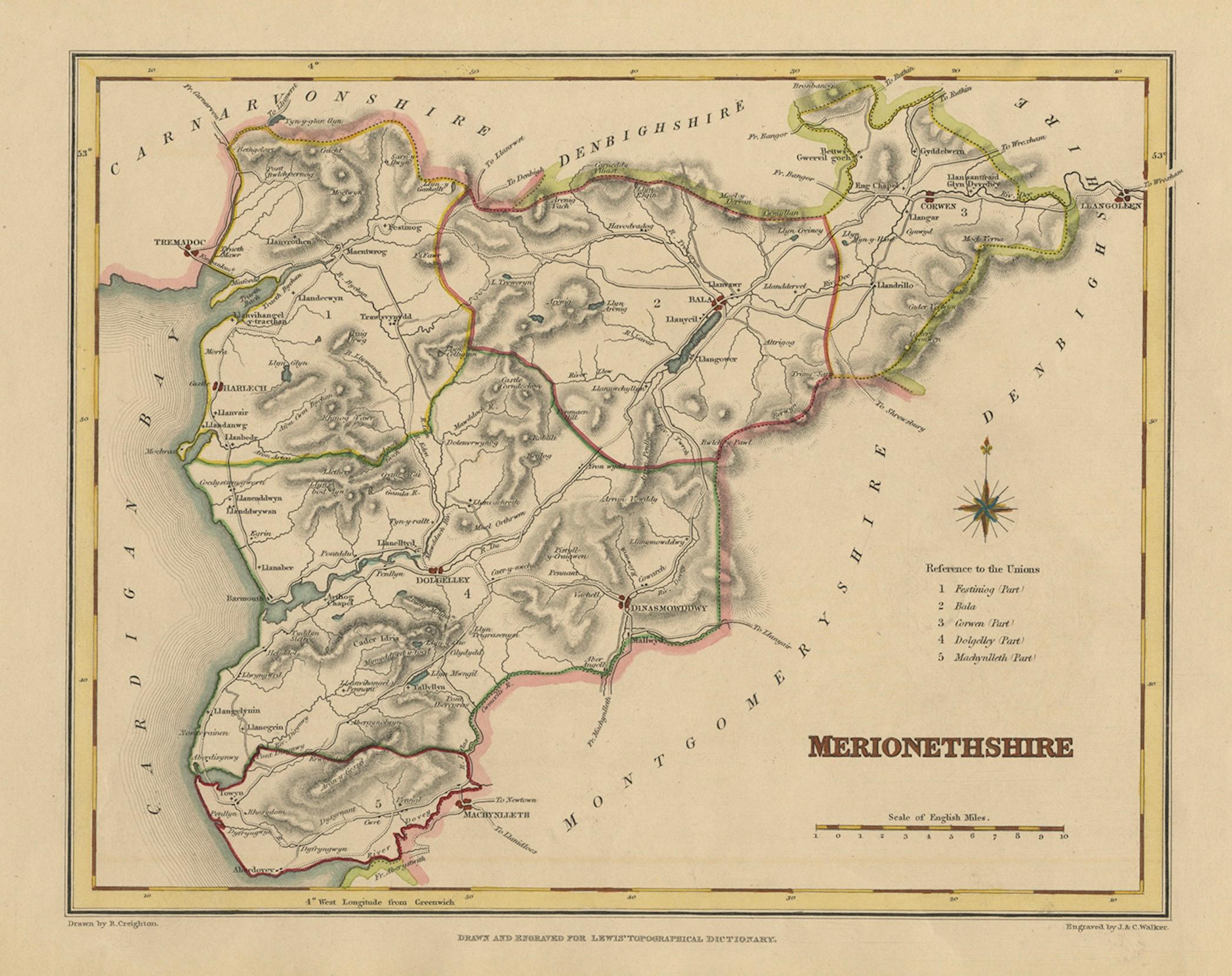 Old Map of Merionethshire by Lewis, 1844: Barmouth, Bala, Harlech, Dolgelley For Sale 1