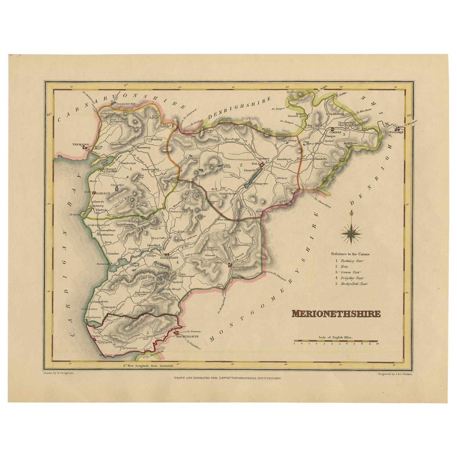 Vecchia mappa del Merionethshire di Lewis, 1844: Barmouth, Bala, Harlech, Dolgelley