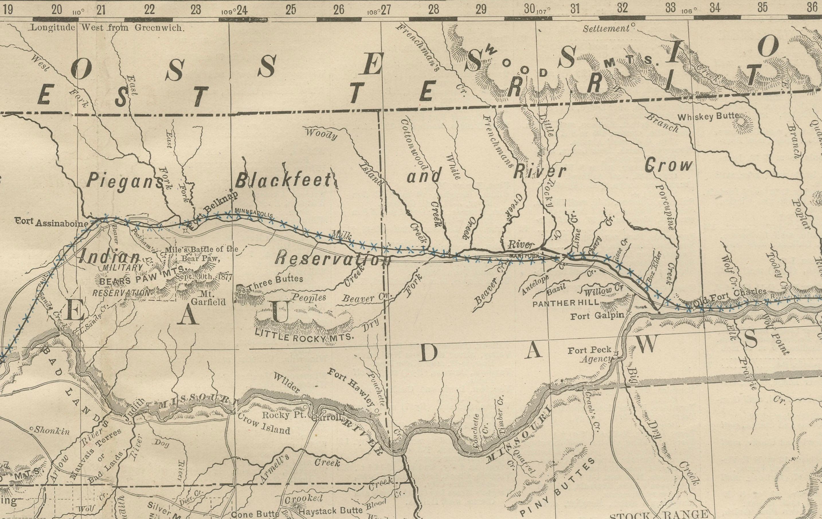 American Old Map of Montana – Railroads, Indian Reservations & Frontier Settlements 1888 For Sale
